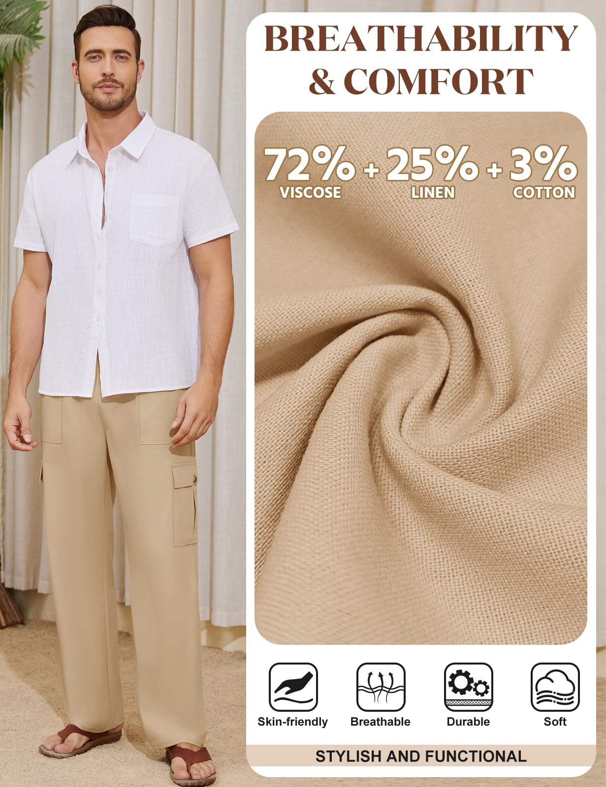 Voqeen Pantaloni Lino Uomo Estivi Pantalaccio Uomo Estivo Casual Pantaloni Elasticizzati in Vita con Tasche Cargo Pantalone di Lino Leggeri da Spiaggia Larghi