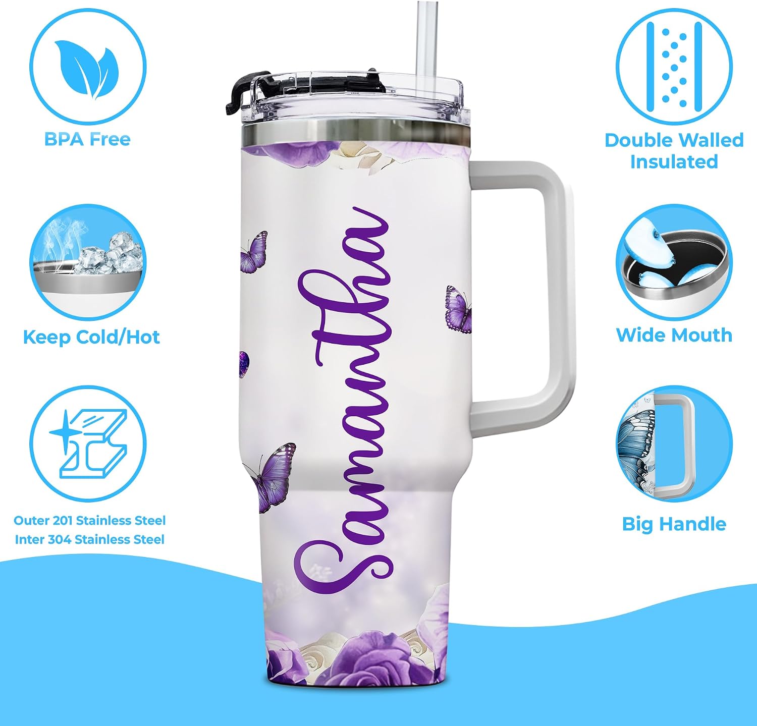 Hyturtle Personalized Butterfly 40oz Tumbler with Handle and Straw Gifts for Butterfly Lovers, Beautiful Mother's Day Birthday Gifts Idea for Women, Sisters, Custom Name Stainless Steel Travel Cup