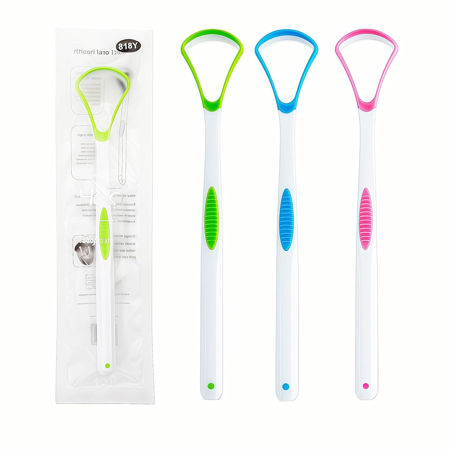 3 Limpadores de Língua Ergonômicos - Limpeza Oral para Adultos - Elegante Escova de Língua para Higiene Dental (verde, azul e rosa)