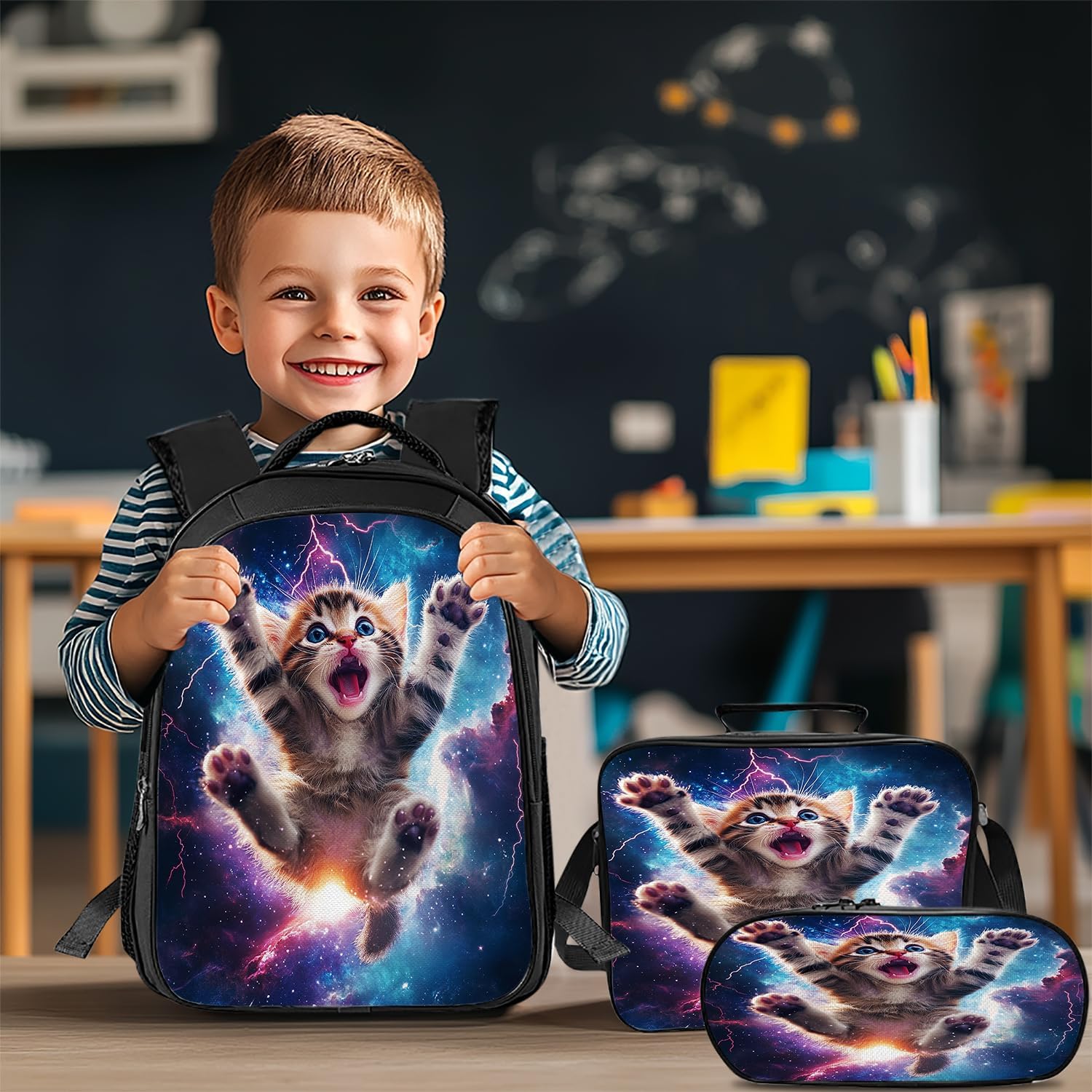 Funny Cat Backpack Galaxy School Bag 3PCS Backpack 16 Inch with Lunch Bag Set Lightweight for Teen Boys Girls Kids Elementary Middle School