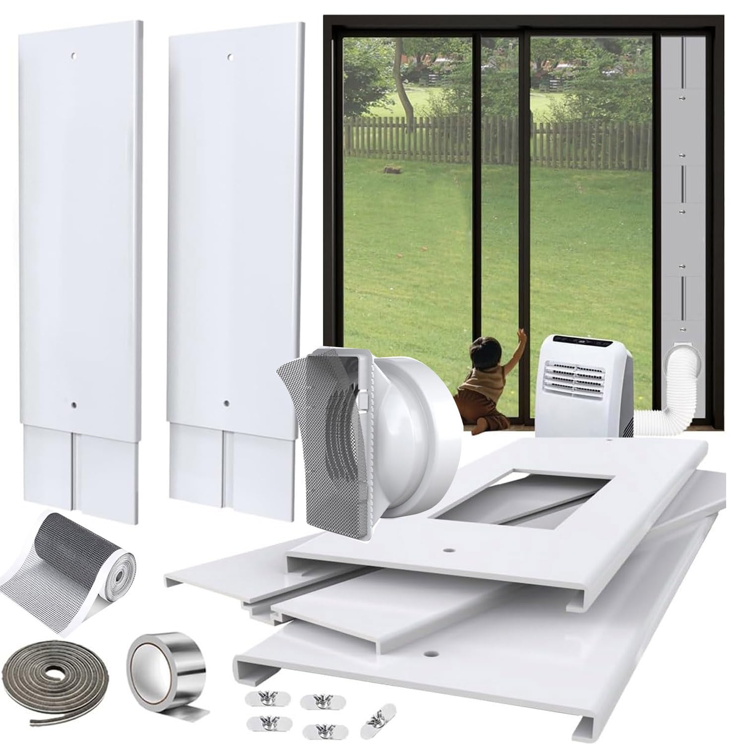 Kit Calfeutrage Fenêtre Climatisation réglable 260cm + Raccord Universel adaptateur 13/15cm,calfeutrage porte fenêtre climatiseur filtre écran, Iso. Thermo/Acoustique, Évac. Chaud, Démontable