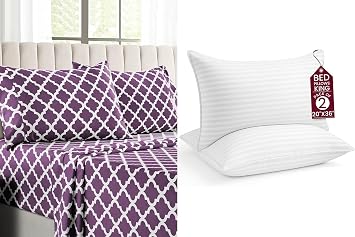 LUX Decor 4 Pcs Cal King Quatrefoil Sheet Set + 2 King Stripe Pillows Ultra-Soft Microfiber Bed Sheets with Flat Sheet, 16 Inch Deep Pocket Fitted Sheet & Pillowcases, Oeko-TEX Purple