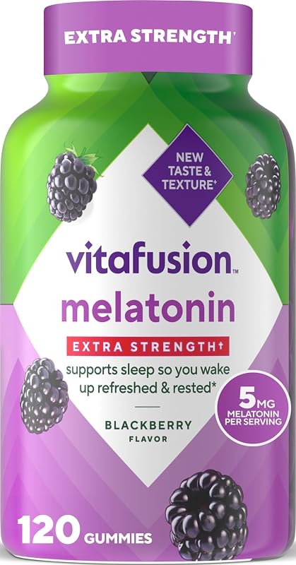 Gomitas de melatonina Vitafusion | 5 mg | 120 unidades | Gomita extrafuerte | para mujeres y hombres adultos | Sabor a mora | Suplemento sin gluten ni lácteos