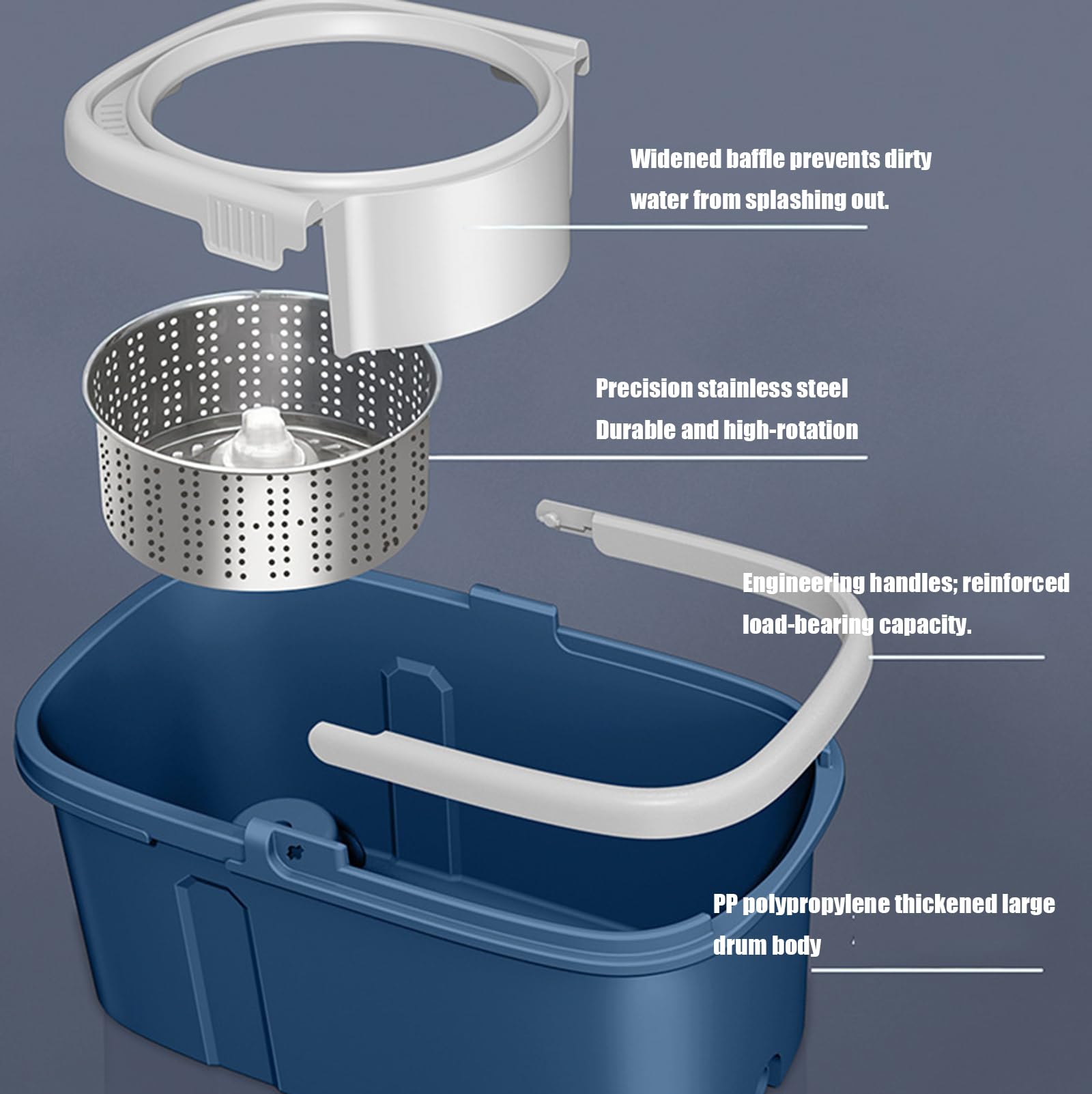 fregonas A, fregona giratoria y Cubo Duty con Juego de escurridor, Cesta de escurrido de Acero y Ruedas extragrandes, Sistema de Limpieza de 360° con Mango Ajustable,