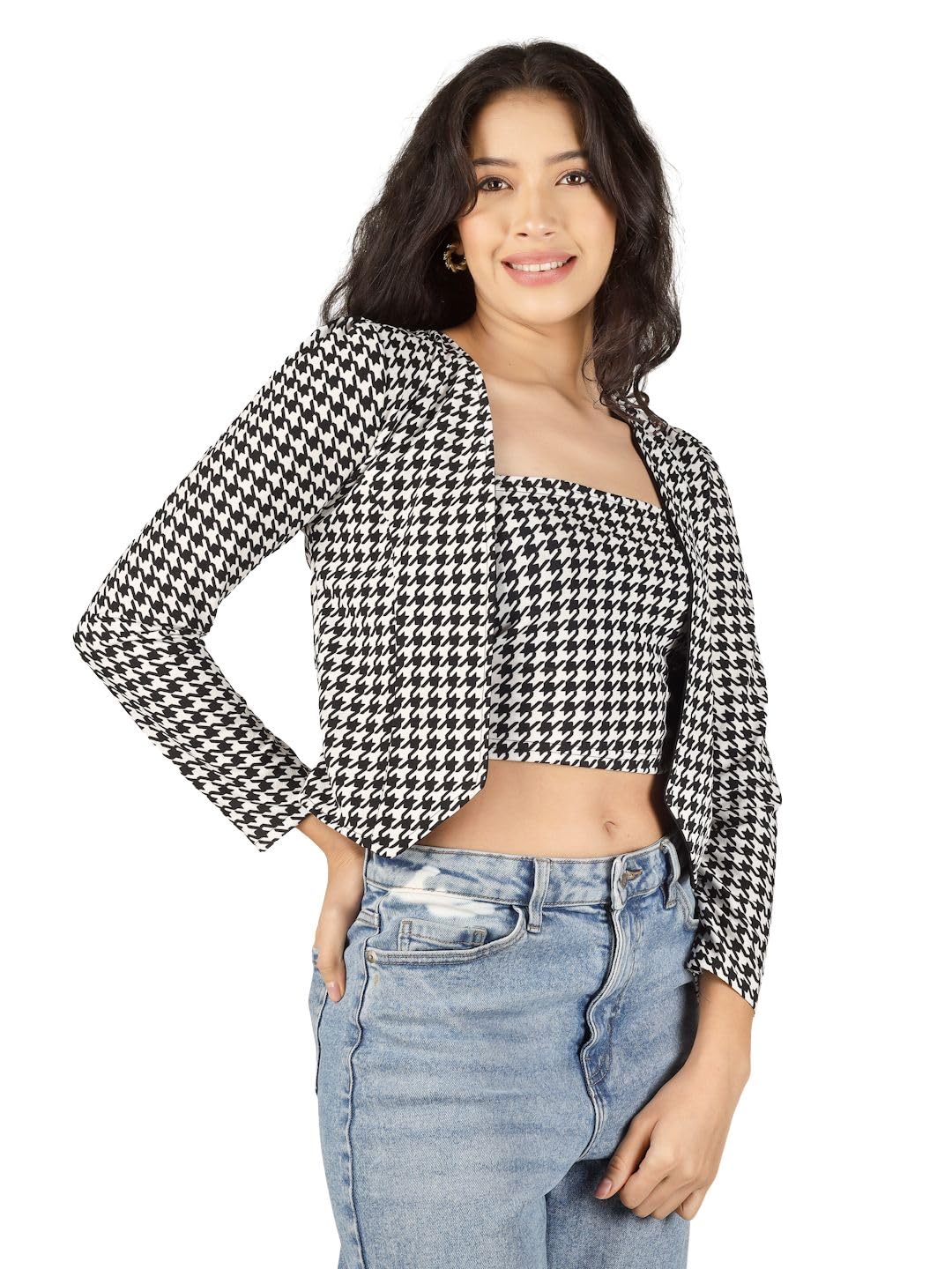Women Houndstooth Printed Black White Crop Inner Top with Stylish Open Front Blazer-picture-23