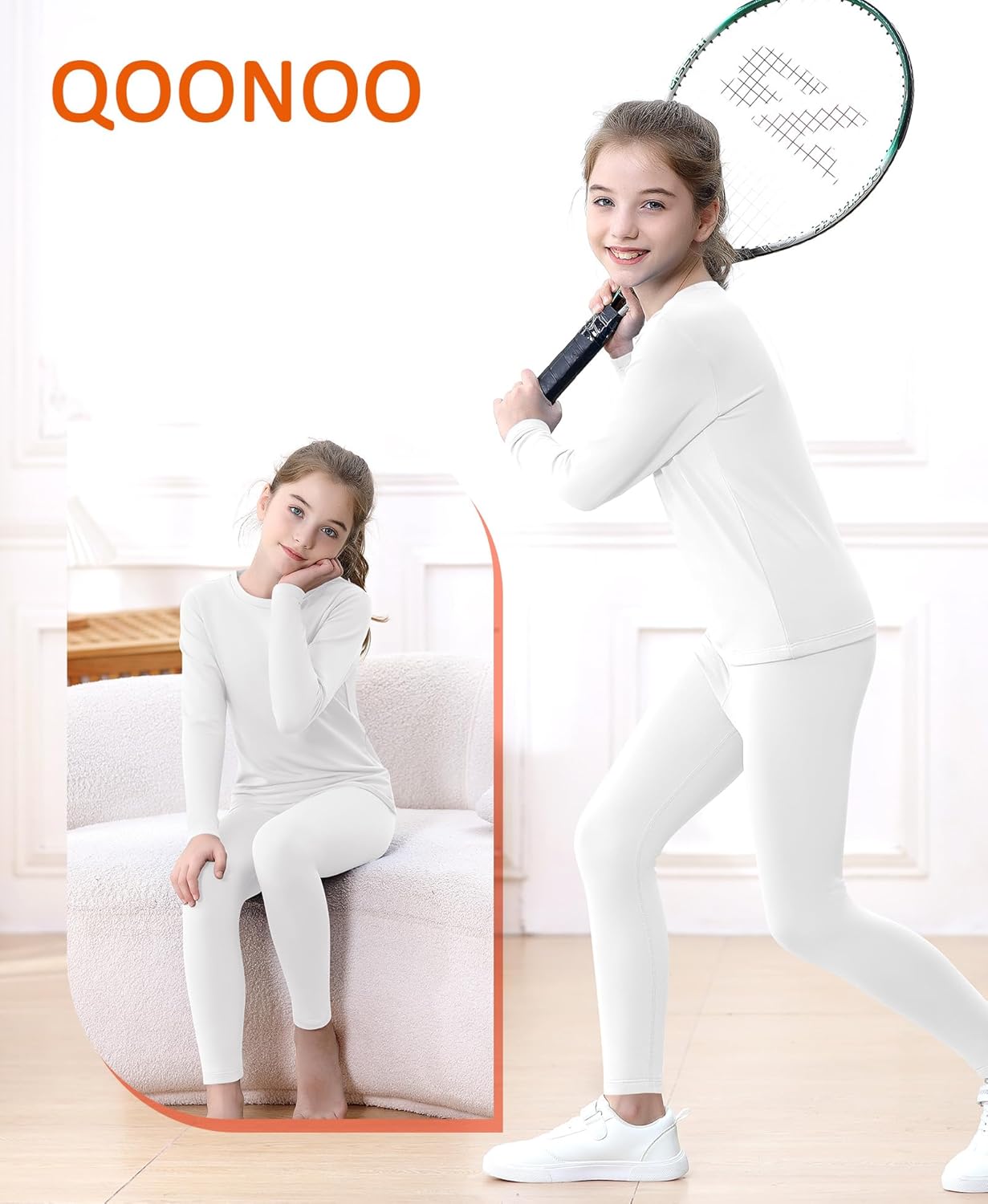 QooNoo Girls Thermal Underwear for Kids Long Johns Base Layer Set Winter Fleece Lined Top and Bottom Set - Image 5