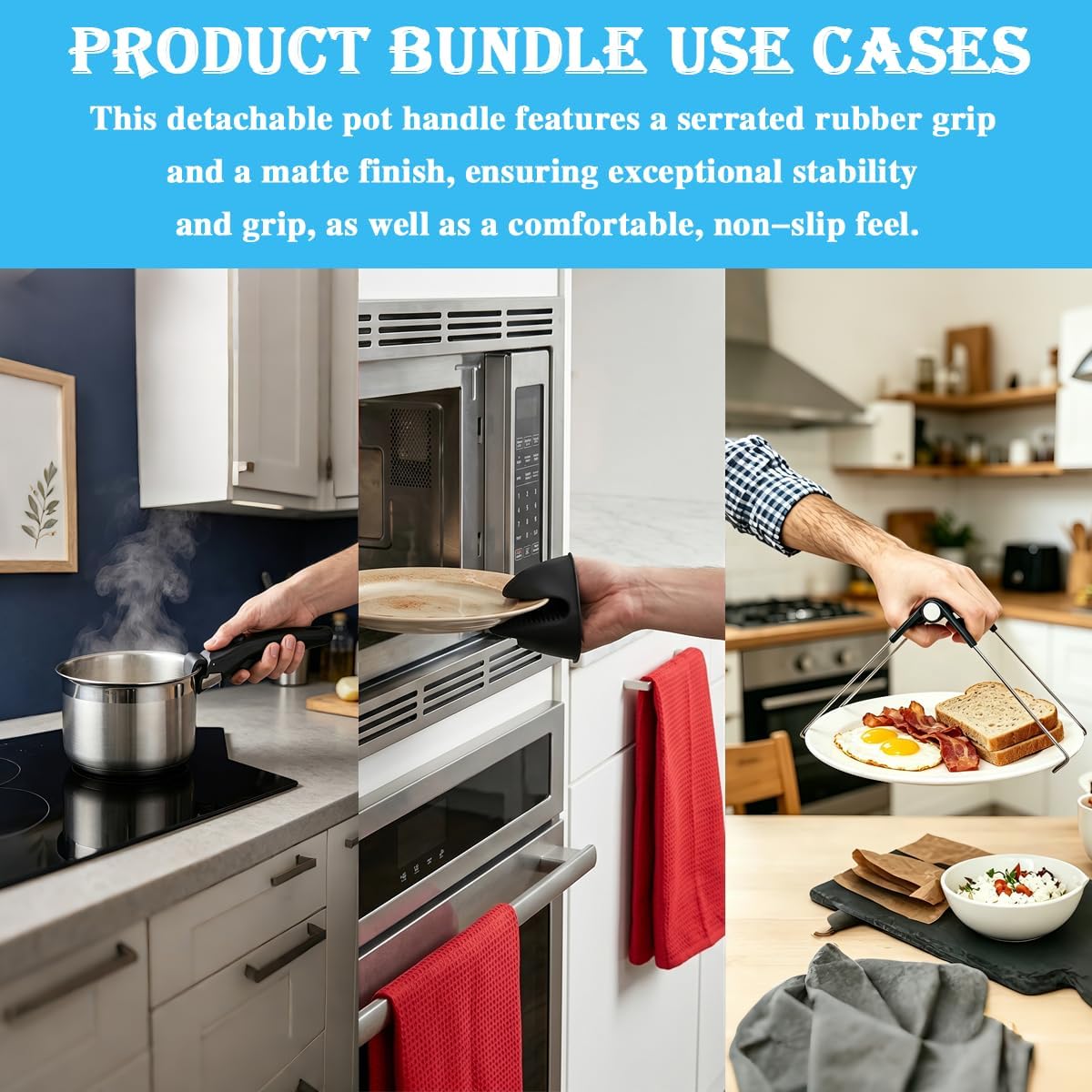 Removable Pot Handle Replacement with clamp & Gloves,4 Pcs | Bakelite resists high heat without warping,Applicable fist most cookware.Serrated rubber grip for stability.