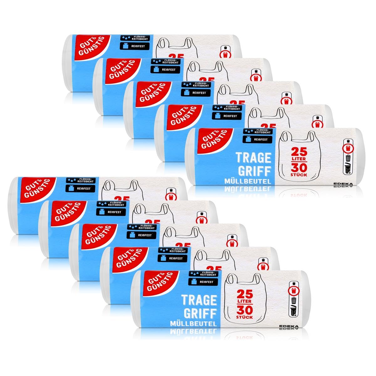 Lot de 300 sacs poubelle avec poignée de transport 25 litres - 30 sacs par rouleau - Résistants à la déchirure et aux liquides - Produit et emballage recyclables, Lot de 10