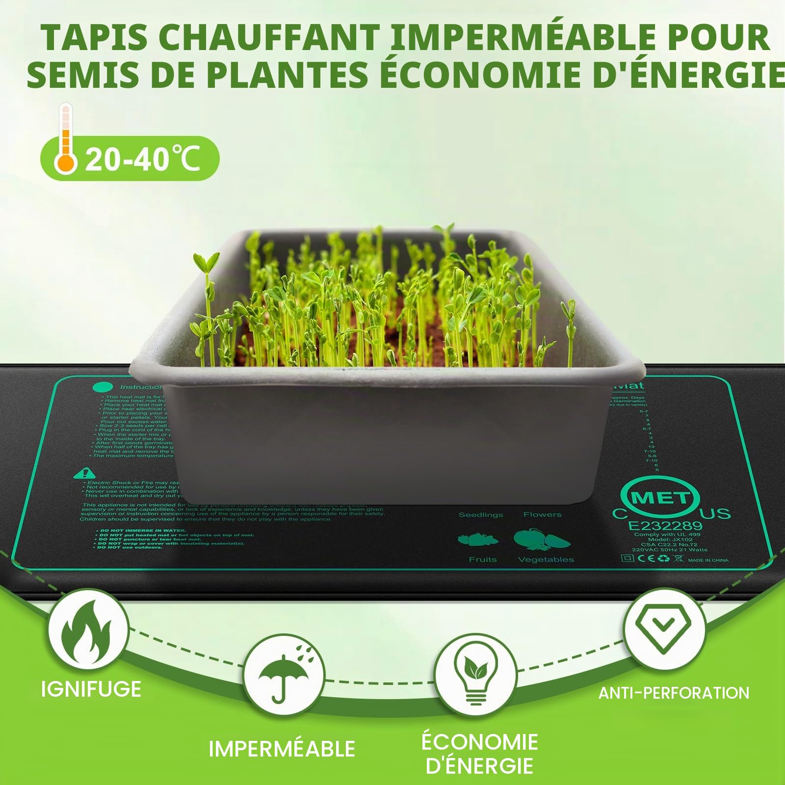 2 Pack Tapis Chauffant pour Semis, 20 Watts Étanchéité Tapis Chauffant pour Plantes, Tapis Chauffant Bouturages, pour Intérieur de Serre Germination Reptile Amphibien, Sûr Et Durable, 52.5 × 25 cm