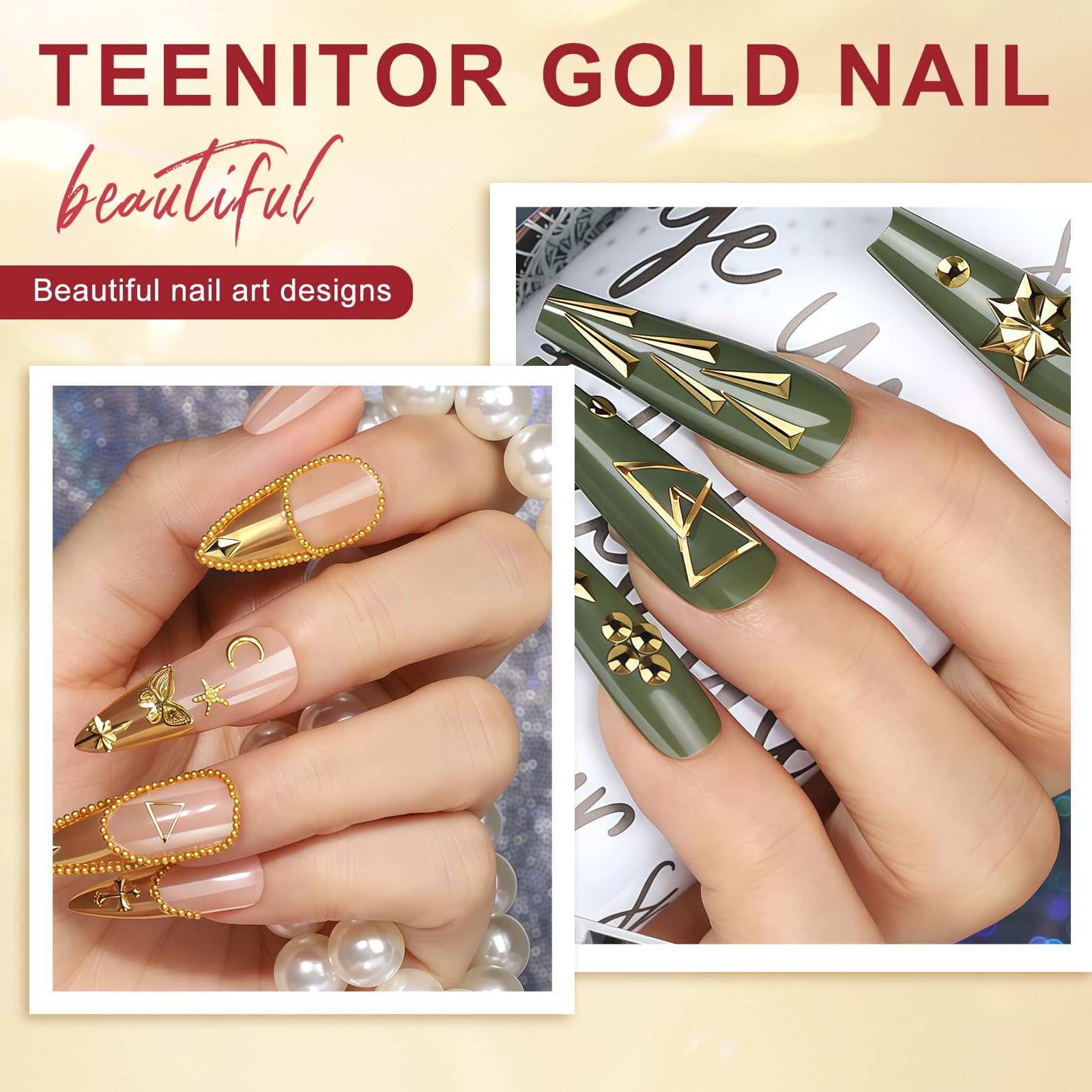 Lilbitty Gold Paznokci Charms & Nail Gems Set, 4 pudełka z perłami do paznokci i kamieniami, 3D Krzyż Serce Charms, Akcesoria do zdobienia paznokci z pęsetą i kredką do wosku