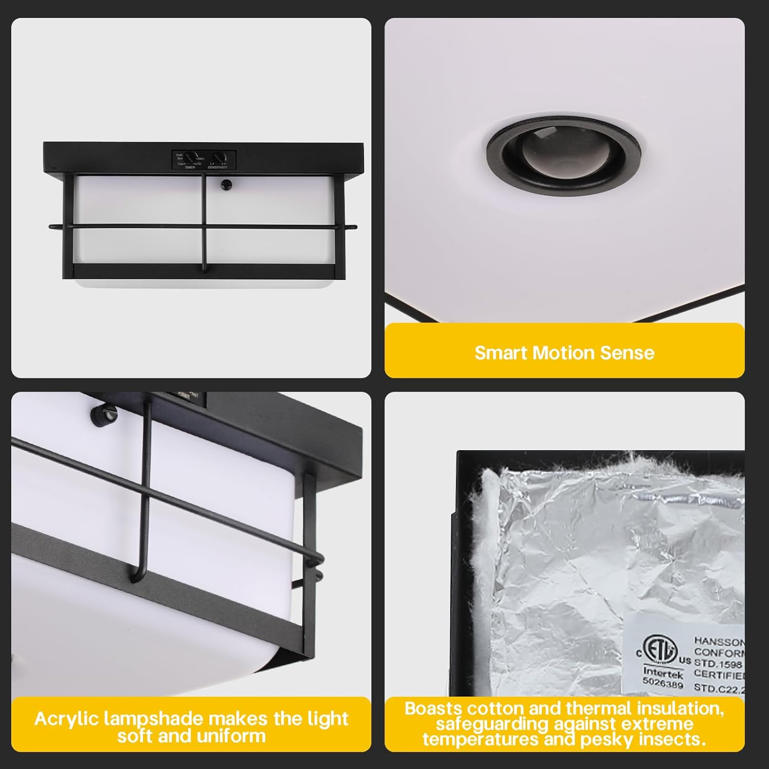 Upgraded Square Outdoor LED Ceiling Light Fixture, Modern Flush Mount with Motion Sensor, Dusk to Dawn, 24W 5CCT Built-in LED for Porch, Garage, Patio, Industrial Lighting for Front Yard