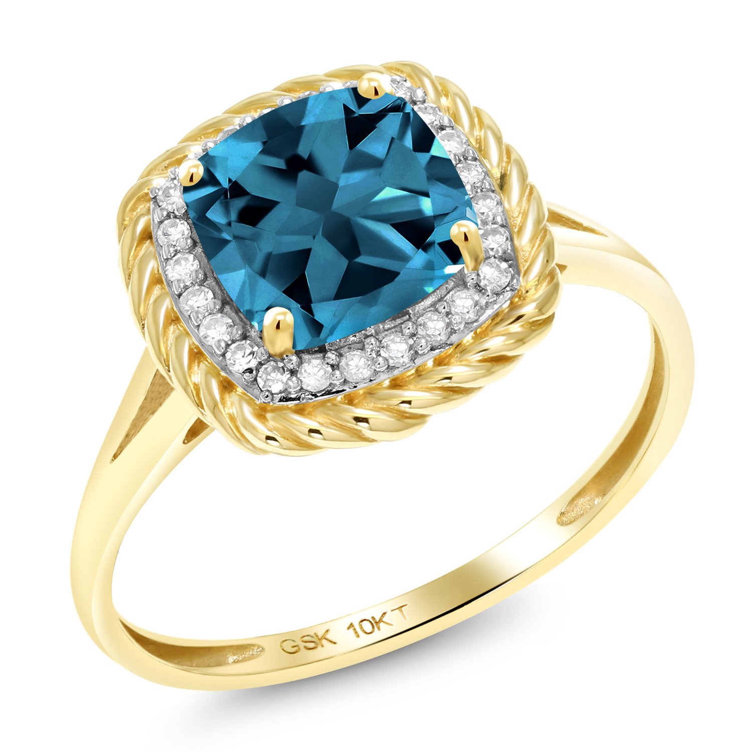 Gem Stone King London Blue Topaz and White Diamond 10K Yellow Gold Women's Ring (2.02 Ct Cushion Gem