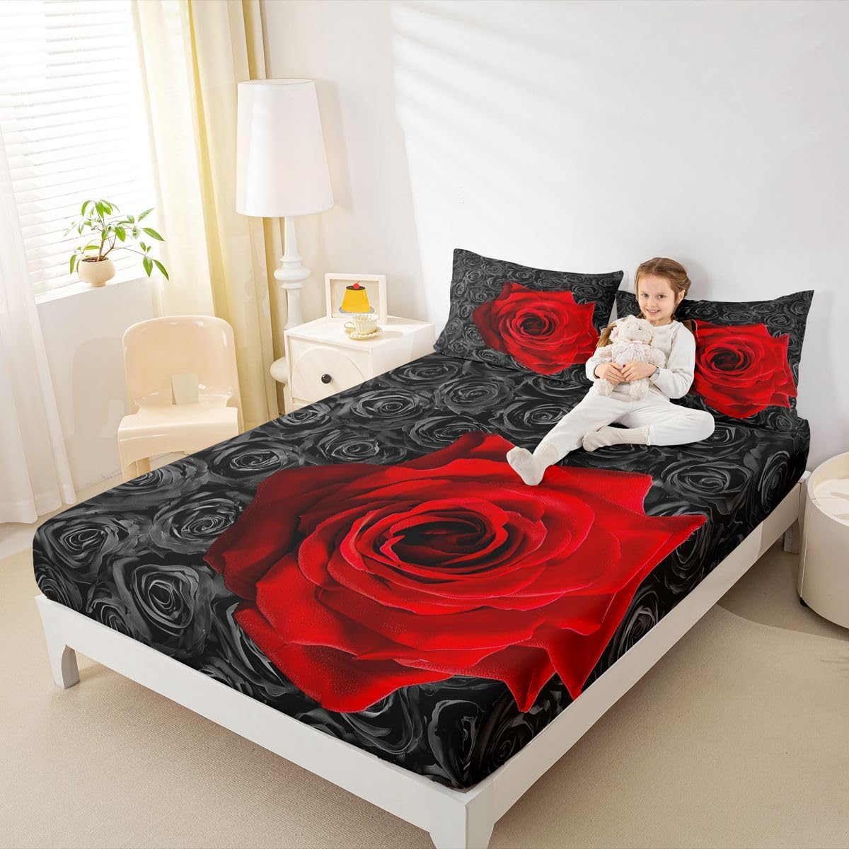 Erosebridal Red and Black Rose Sheet Set - Queen Size Valentine's Day Bedding for Women - 4 Pcs with 2 Pillowcases
