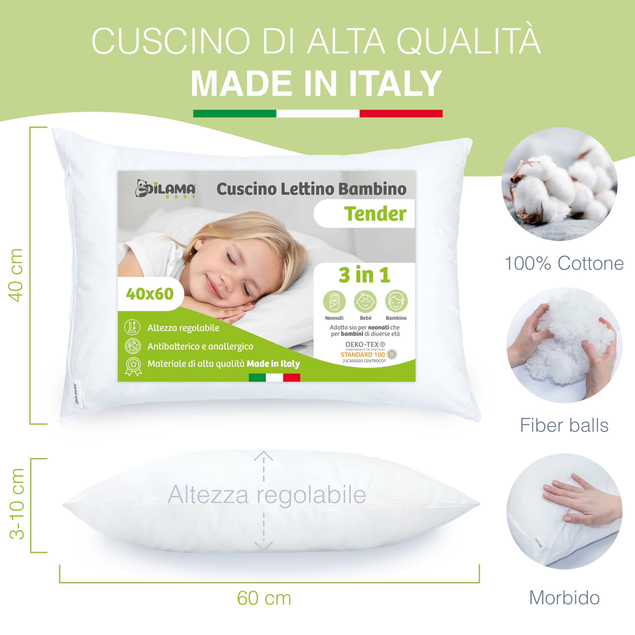 Dilamababy Cuscino Lettino Bambino Regolabile in Altezza - 40x60 - Ideale per Bimbo 2 3 4 Anni - Anallergico Antiacaro Lavabile - Federa in Cotone Percalle Oeko Tex - 100% Made in Italy