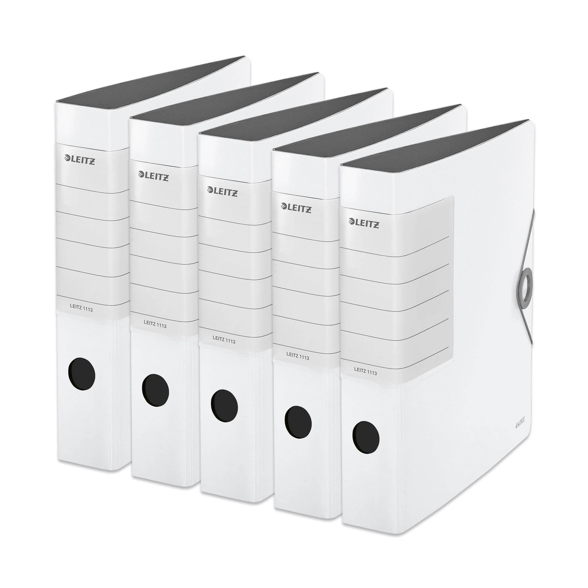 Leitz Qualitäts-Ordner 180° Solid, 5er Pack, A4, Schmal, Weiß, 6,2 cm Rückenbreite, Gummibandverschluss, Robustes Polyfoam, extra breites, austauschbares Rückenschild, 11130001