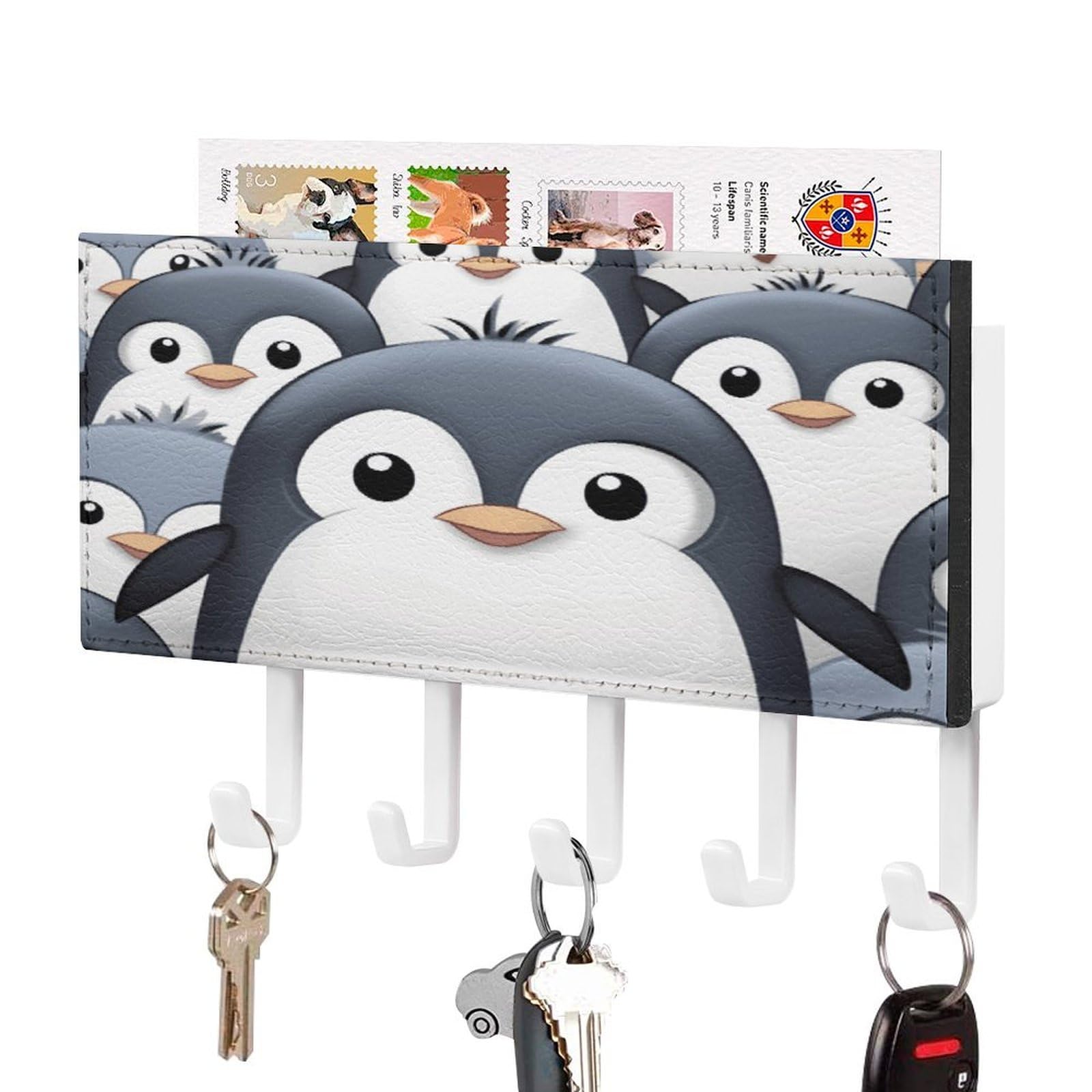 Fekiloot White-Style Cute Penguin Key Holder Wall Mount Key Hanger With 5 Hooks Decorative Key Rack Hanging Key Hooks With Mail Organizer Key Holder For Wall Living Room Kitchen Bathroom Hallway White