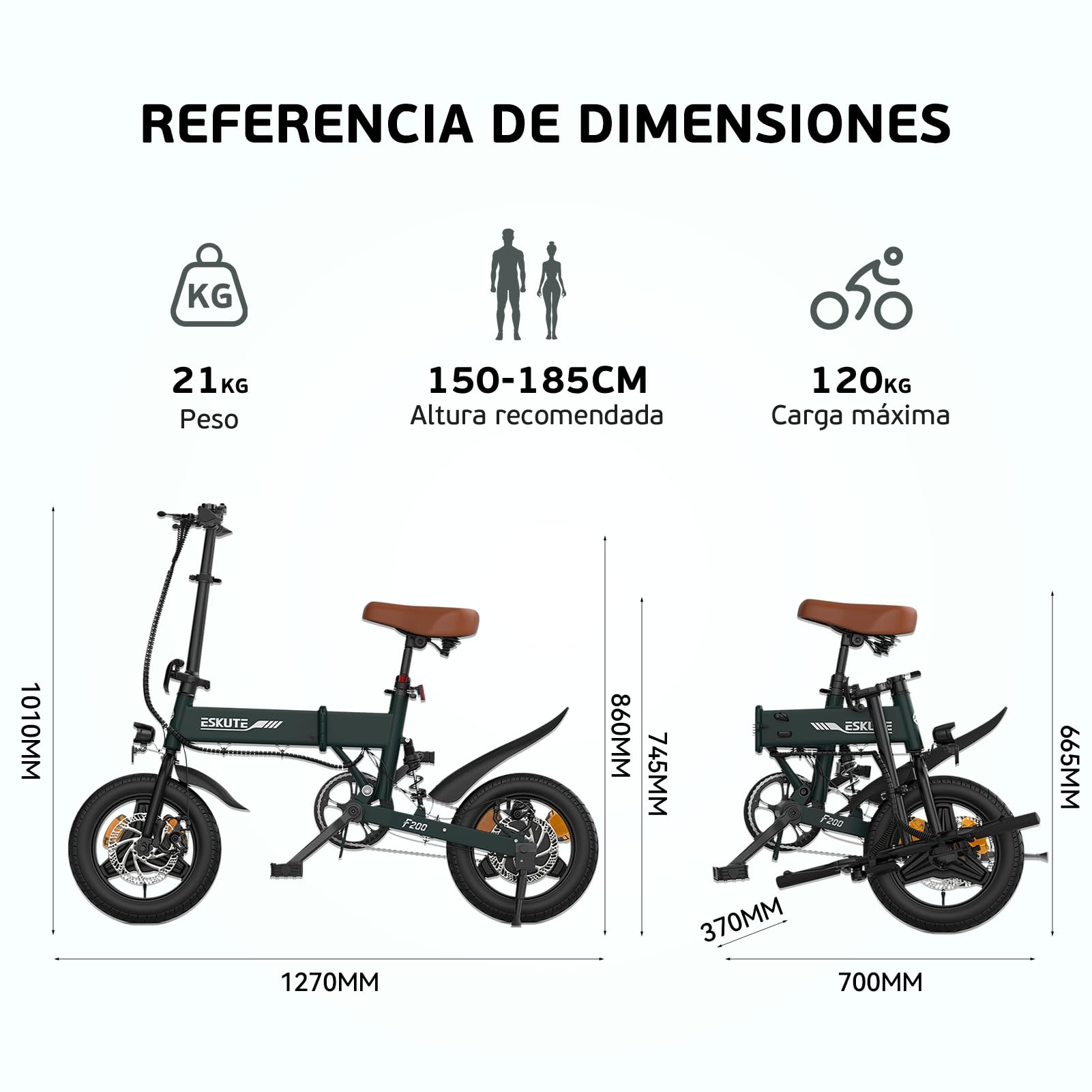 ESKUTE F200 Bicicleta Eléctrica Plegable de 14"x2.125", Ebike Urbana de 36V 7.8Ah con Pantalla LCD, Velocidad Máx de 25km/h, Asiento Ergonómico, Autonomía de hasta 50KM, Bici Electrica para Adultos