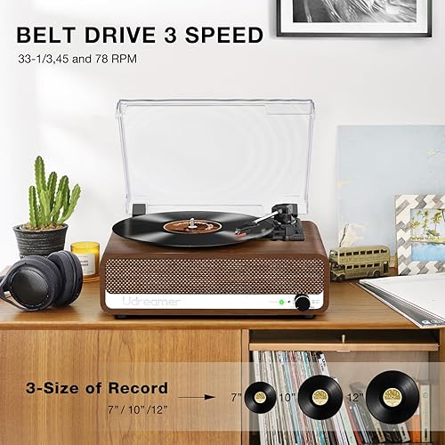 Miniatura 5 de Tocadiscos de vinilo con altavoces, tocadiscos de 3 velocidades con Bluetooth, auxiliar, conector para auriculares, salida RCA y parada automática,