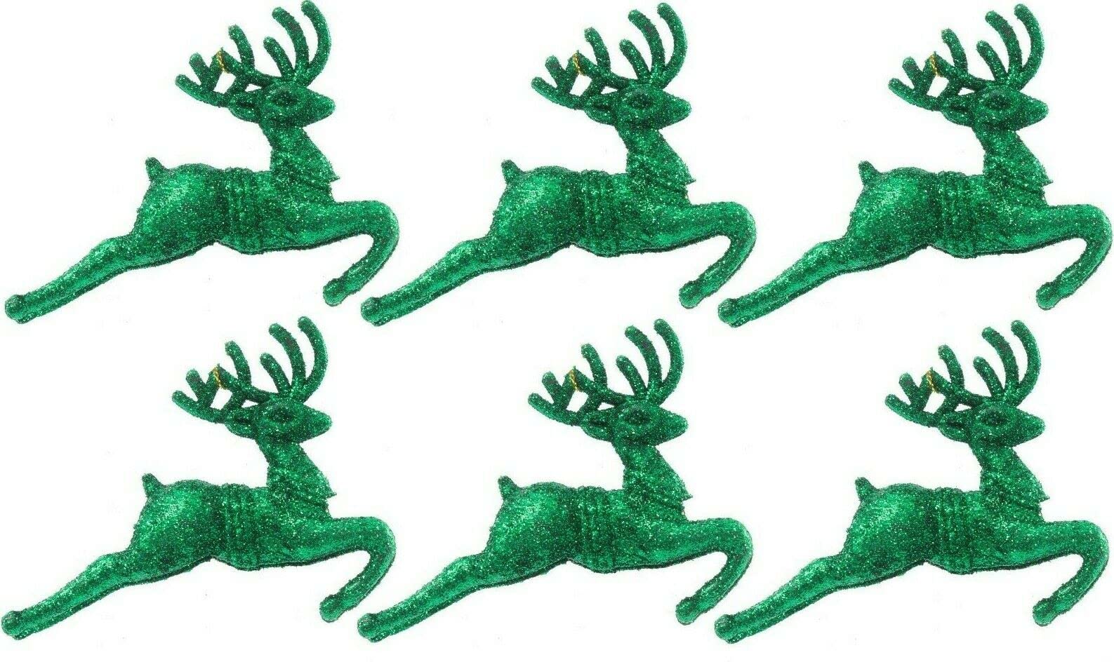 EliteKoopers Dark Green Decorative Glitter Shiny Reindeer Hanging Baubles For Xmas Christmas Tree Decor Novelty Ornament (6Pcs)