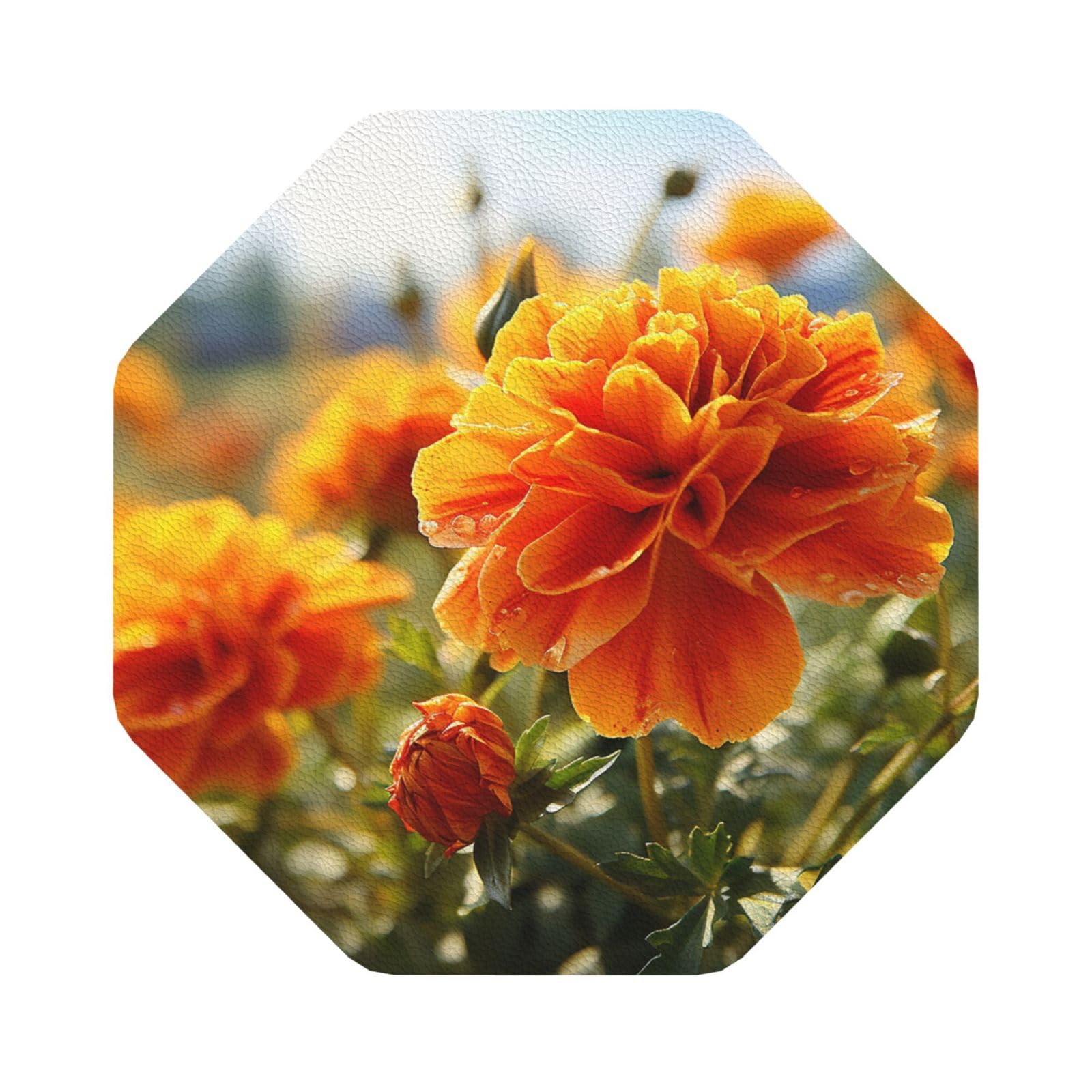 Fodpand Octagon Marigold Flower Autumn Flowers Drink Coasters Set Of 4, Heat Resistant Leather Coasters Fuuny Bar Beer Beverage Coaster For Drinks, Absorbent Cup Mat For Tabletop Protection, Housewarming Gift