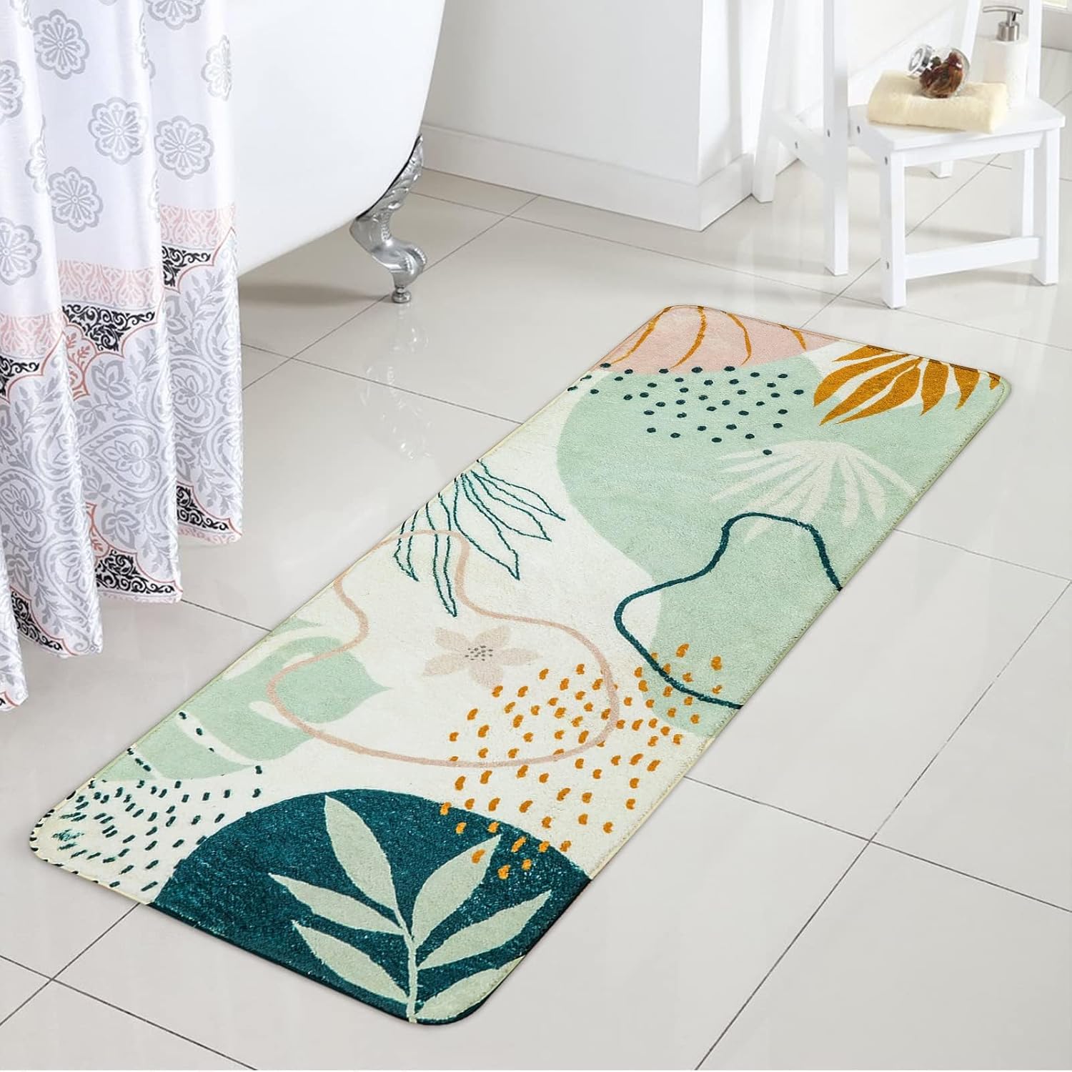 Uphome Bathroom Runner Rug Green Botanical Long Bath Mat Non-Slip Modern Boho Bath Rug Soft Velvet Machine Washable Floor Mats Aesthetic Design for Bathroom Tub Shower,20''x59''