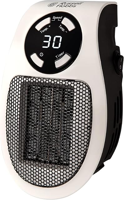 Russell Hobbs RHPH2001 500W Ceramic Plug Heater, Adjustable thermostat, 12 Hour Timer & LED Display, 2 Fan Speeds, 2 Year Guarantee , White
