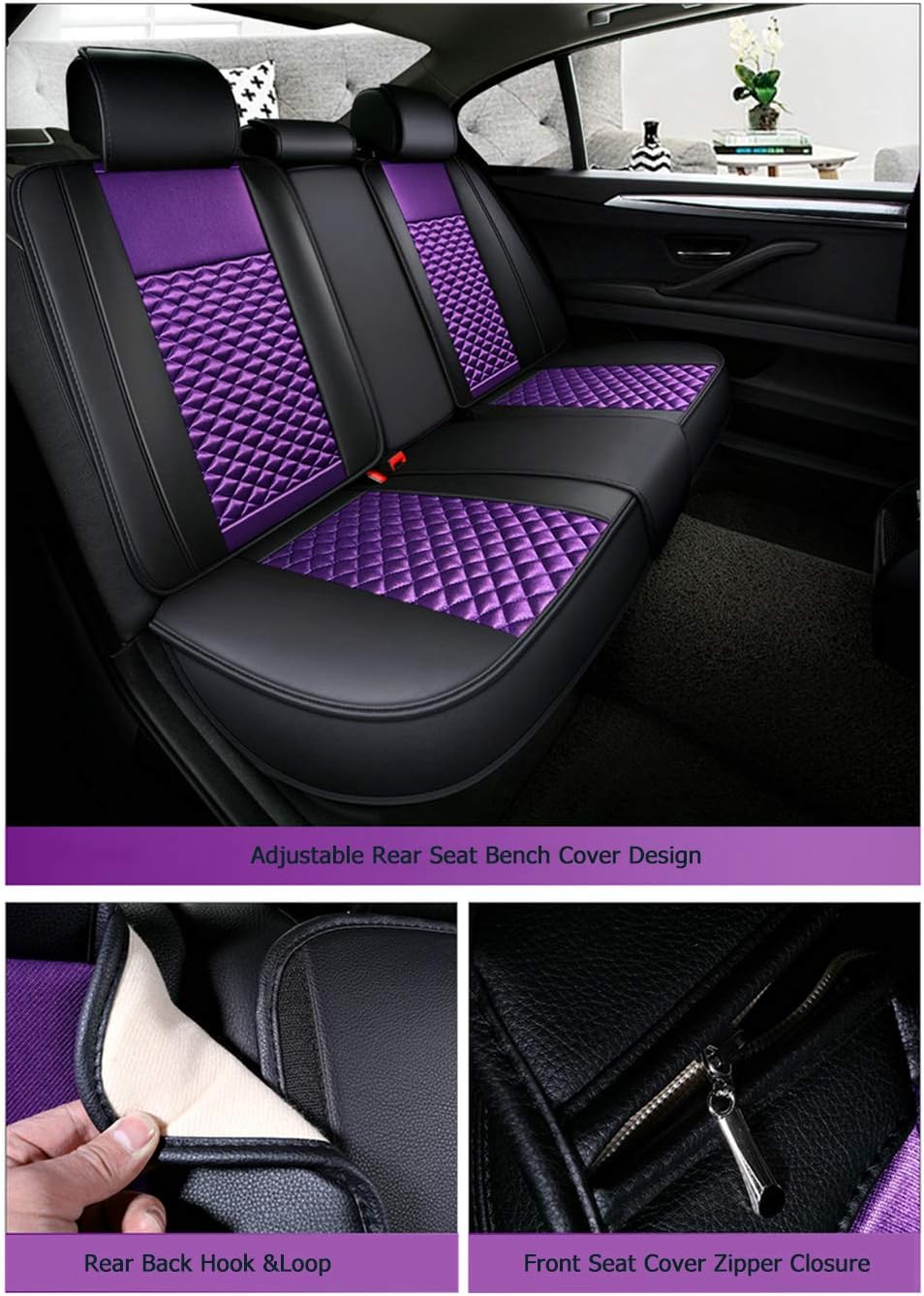 Bling Retro Fashion Lattice Silk and Leather Car Seat Covers Front and Rear Seat Covers Universal Fit (Purple-Luxury)