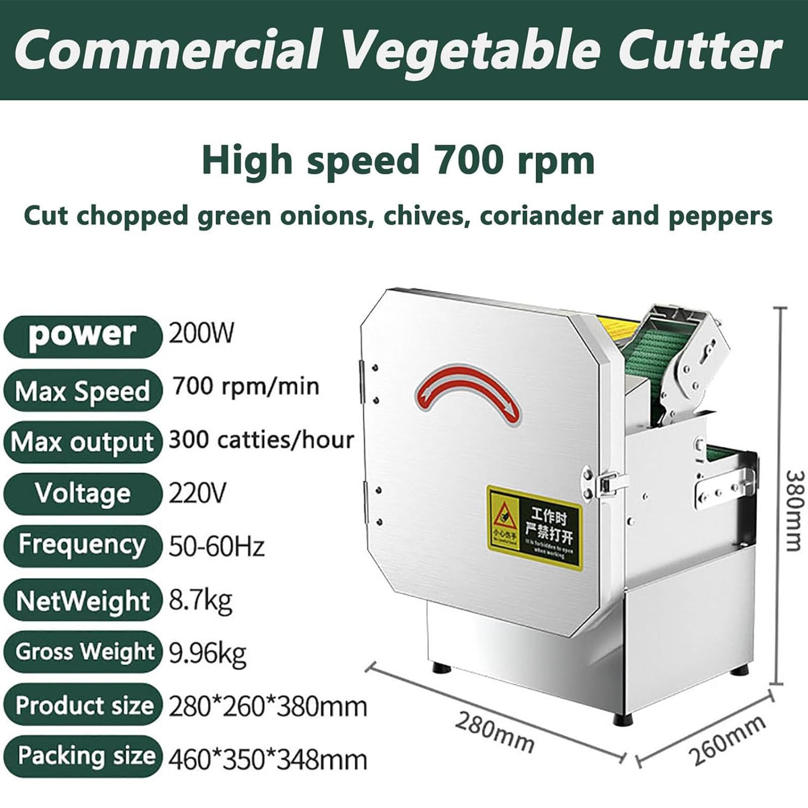 300 W kommerzieller Gemüseschneider, Das einzelne Verarbeitungsvolumen erreicht 500 Gramm, für Grün, Zwiebeln, Paprika, Kartoffeln, Pilze, Edelstahl, professionelle Qualität