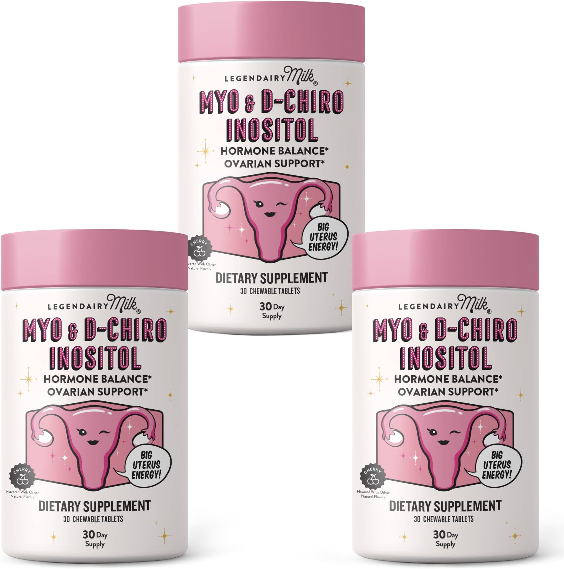 Legendairy Milk Myo Inositol and D Chiro Inositol Supplement for Women, 40:1 Ratio, PCOS Fertility Support, Hormone Balance, Sugar Free Vegan Chewable Tablets, Cherry Flavor, 90 Day Supply, Pack of 3