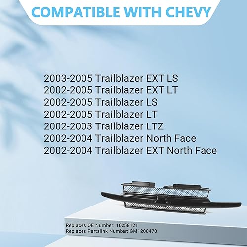 Miniatura 7 de Perfit Liner Piezas de repuesto delanteras de rejilla negra y gris, moldura negra compatible con Chevy Trailblazer 2002-2005 Reemplazo para