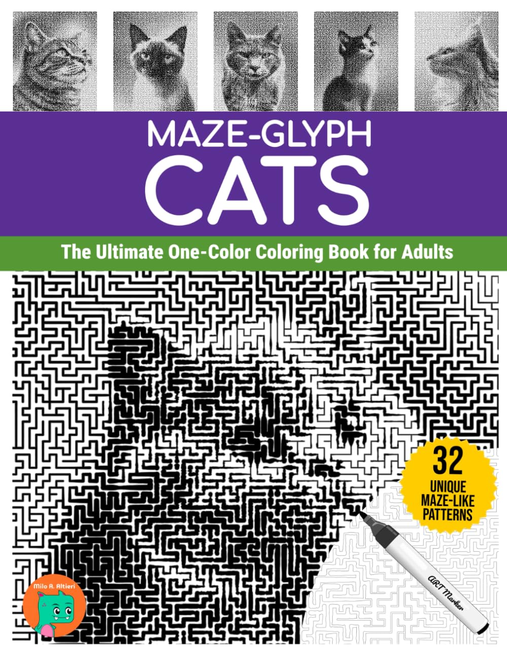 Maze-glyph Cats: The Ultimate One-Color Coloring Book for Adults