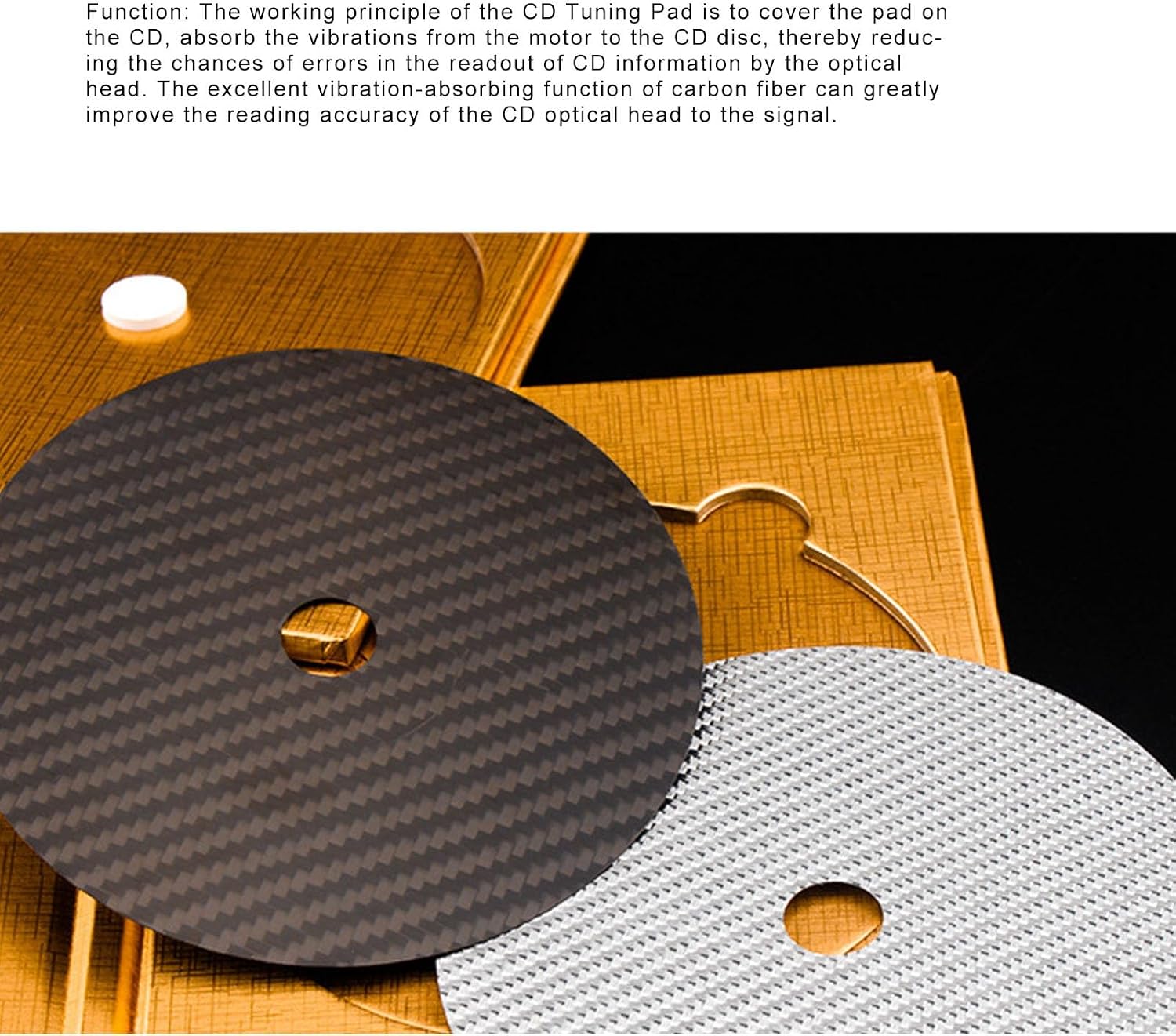 AYNEFY Carbon Fiber CD Mat 0.2mm CD Tuning Pad with Vibration Absorption Low Distortion Rate HiFi Disc Stabilizer for CD/DVD Players Improves Sound Clarity 15mm Center Hole Black