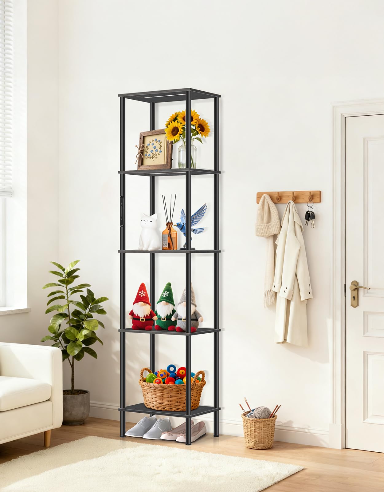 Stehlampe mit Regal, LED-Dimmbar, 3 Farbtemperaturen, Touch & Fernbedienung, Bücherregal mit Licht, Standregal aus Holz, Modernes Design für Wohnzimmer, Schlafzimmer, Büro(Schwarz)