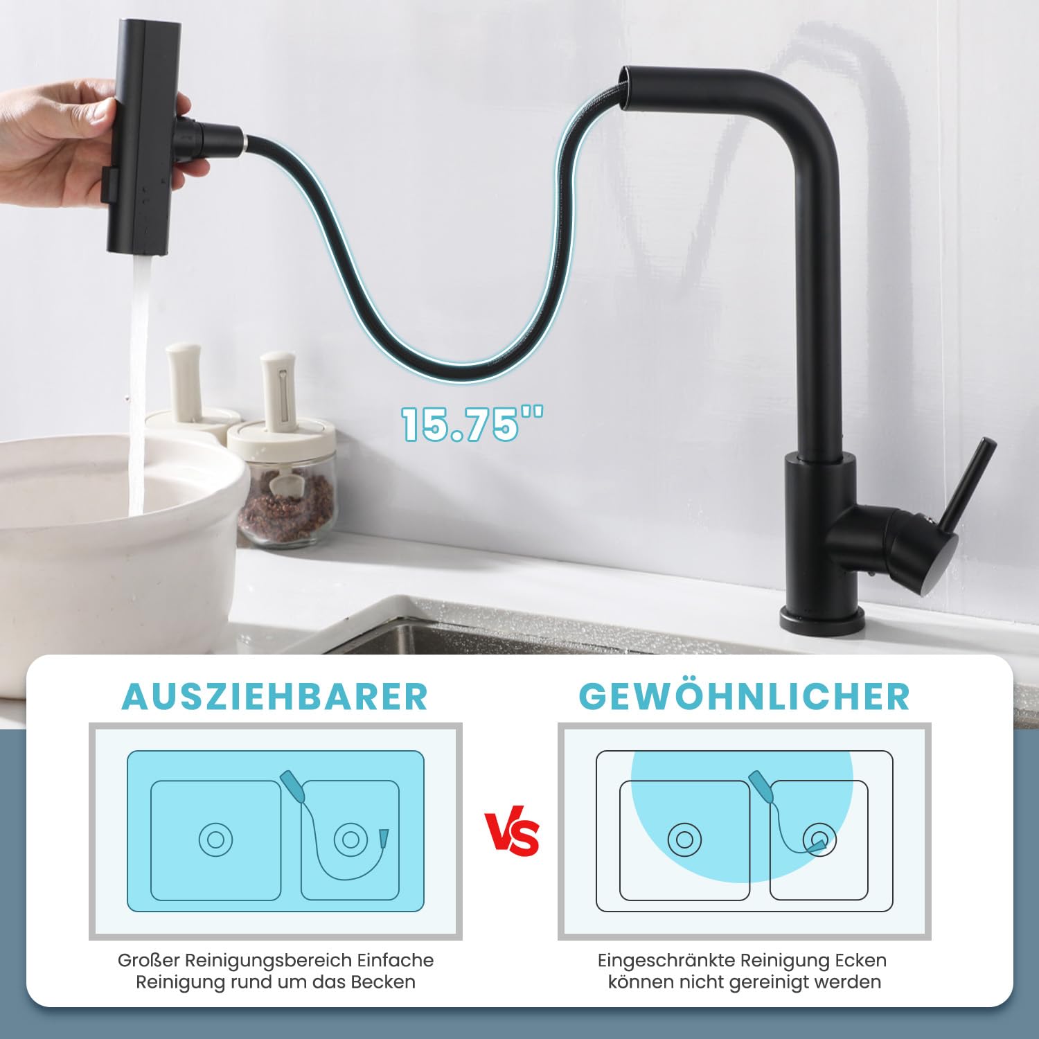 Niederdruck Armatur Küche Ausziehbar,Schwarz Edelstahl | Wasserhahn Küchenarmatur mit 3 Anschluessen für Boiler/Untertischgeräte,360° Drehbare Armatur, 3 Modi Brause