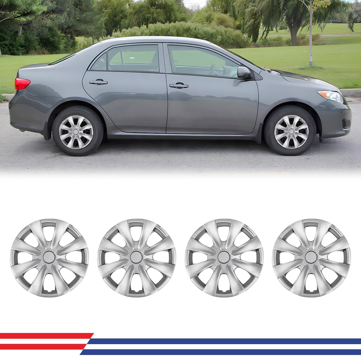 CPW 15 Inch Hubcaps Fit for 2009-2019 Toyota Corolla, Wheels Rim Cover Replacement Compatible with 2009-2019 Toyota Corolla 15'' Steel Wheels, ABS & PC Material Hub Caps Set of 4 (15-Inch, Chrome)