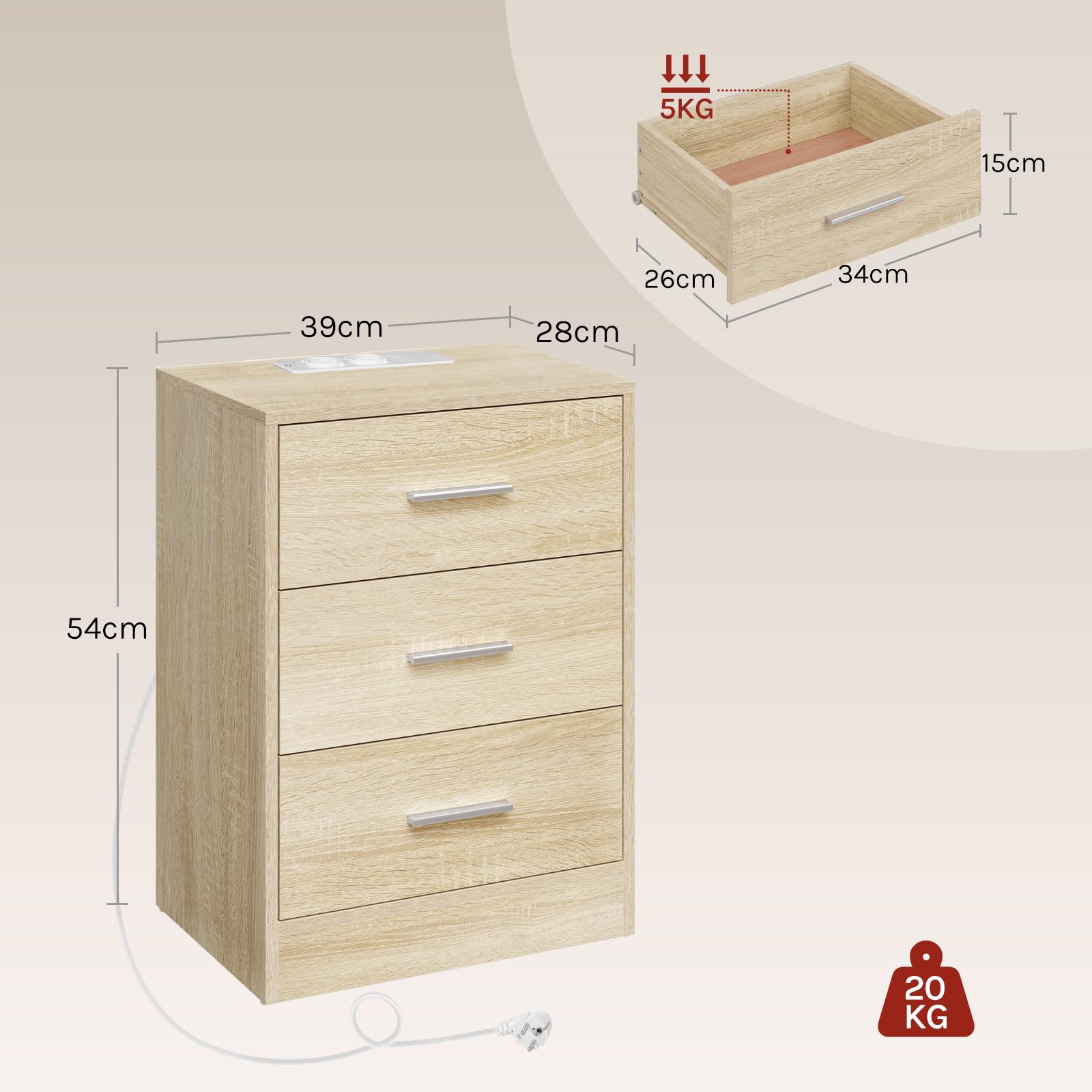 WOLTU Set di 2 Comodini, Comodini con Stazione di Ricarica, con 3 Cassetti, Rovere Chiaro, per Soggiorno Camera da Letto Studio, 39x28.5x54.5cm