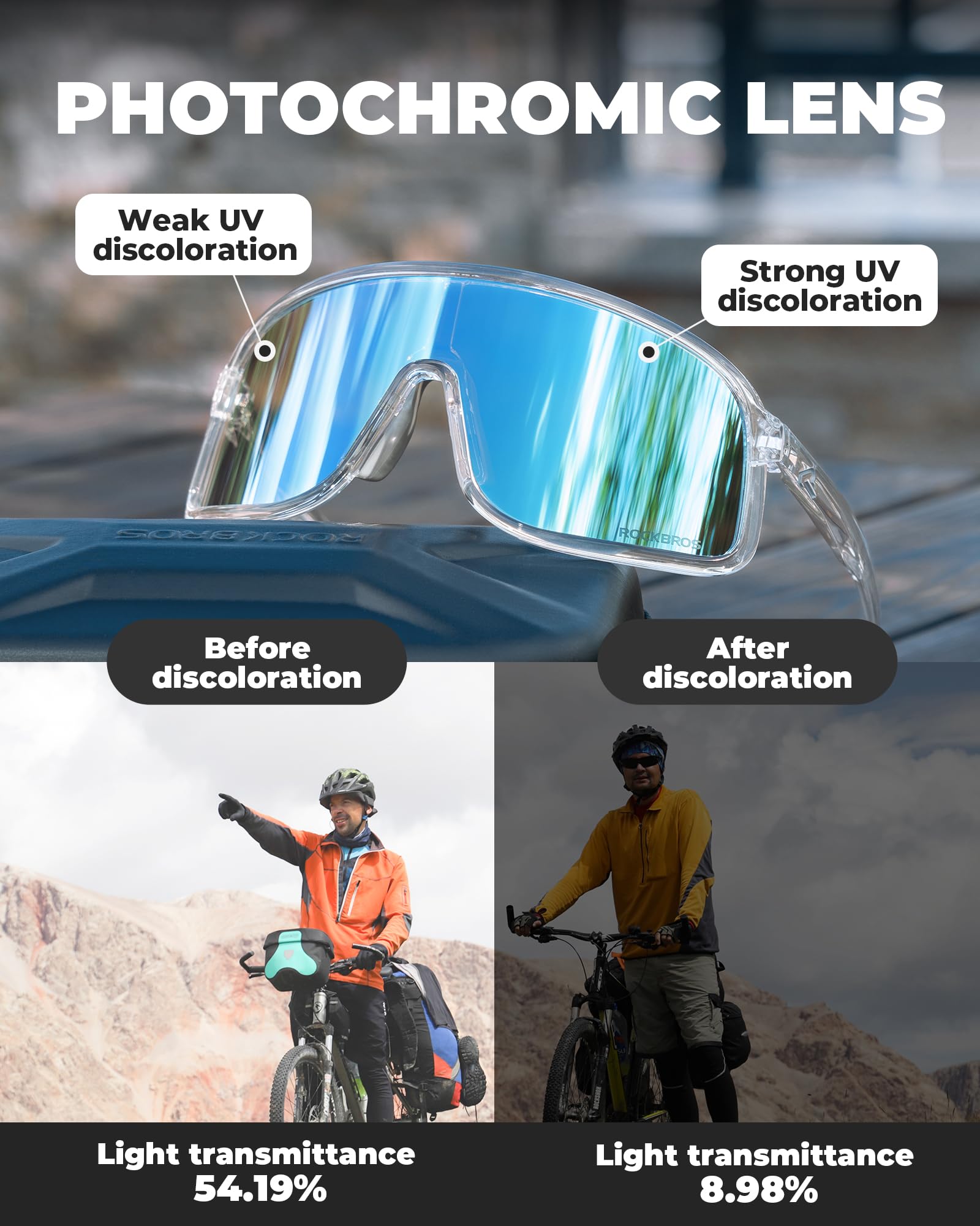 ROCKBROS Occhiali Fotocromatici Uomo Donna, Occhiali da Sole Ciclismo Sportivi Protezione UV400 Antivento, Adatto per Bici Corsa MTB Pesca Guida Running