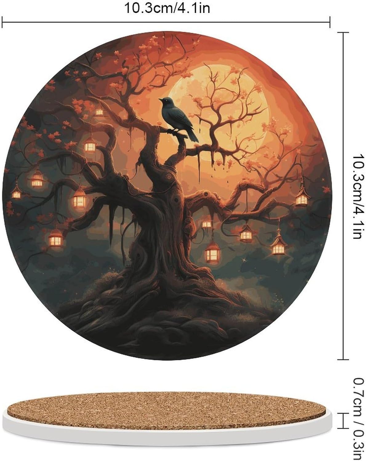 Mysterious Tree Birds Coasters Round Coasters Set Ceramic Stone Coaster with Cork Base Coffee Cup Beverage Cup Mat Cute Funny Table Drinks Coaster for Mugs and Cups Office Kitchen