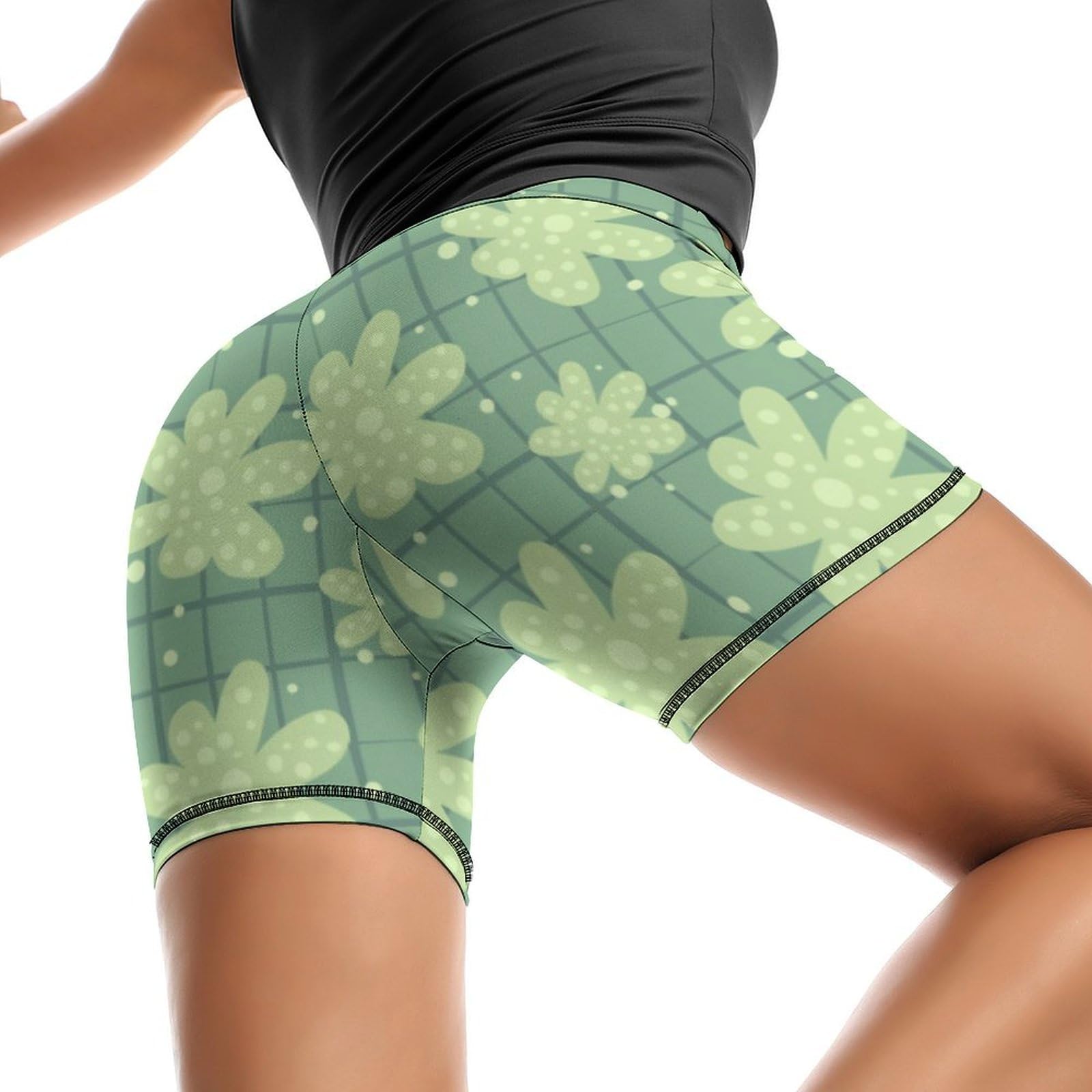 Cute Daisy Print High Waist Yoga Shorts for Women Athletic Shorts Leggings Running Pants Black