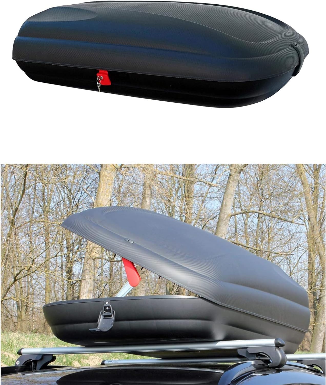 AUTOFORNITURE ITALIA Dachbox Kofferraum Universal 400 Liter Carbon Look Doppelverschluss Maße 1690 x 790 x 375 mm