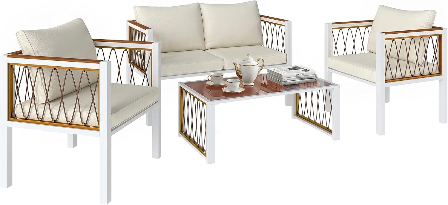 Outsunny 4 Piece Rattan Garden Furniture Set with Loveseat, 2 Armchairs, Glass Top Table, Metal Frame 4 Seater Wicker Patio Conversation Set with Cushions, Non-slip Mats for Outdoor, Cream White