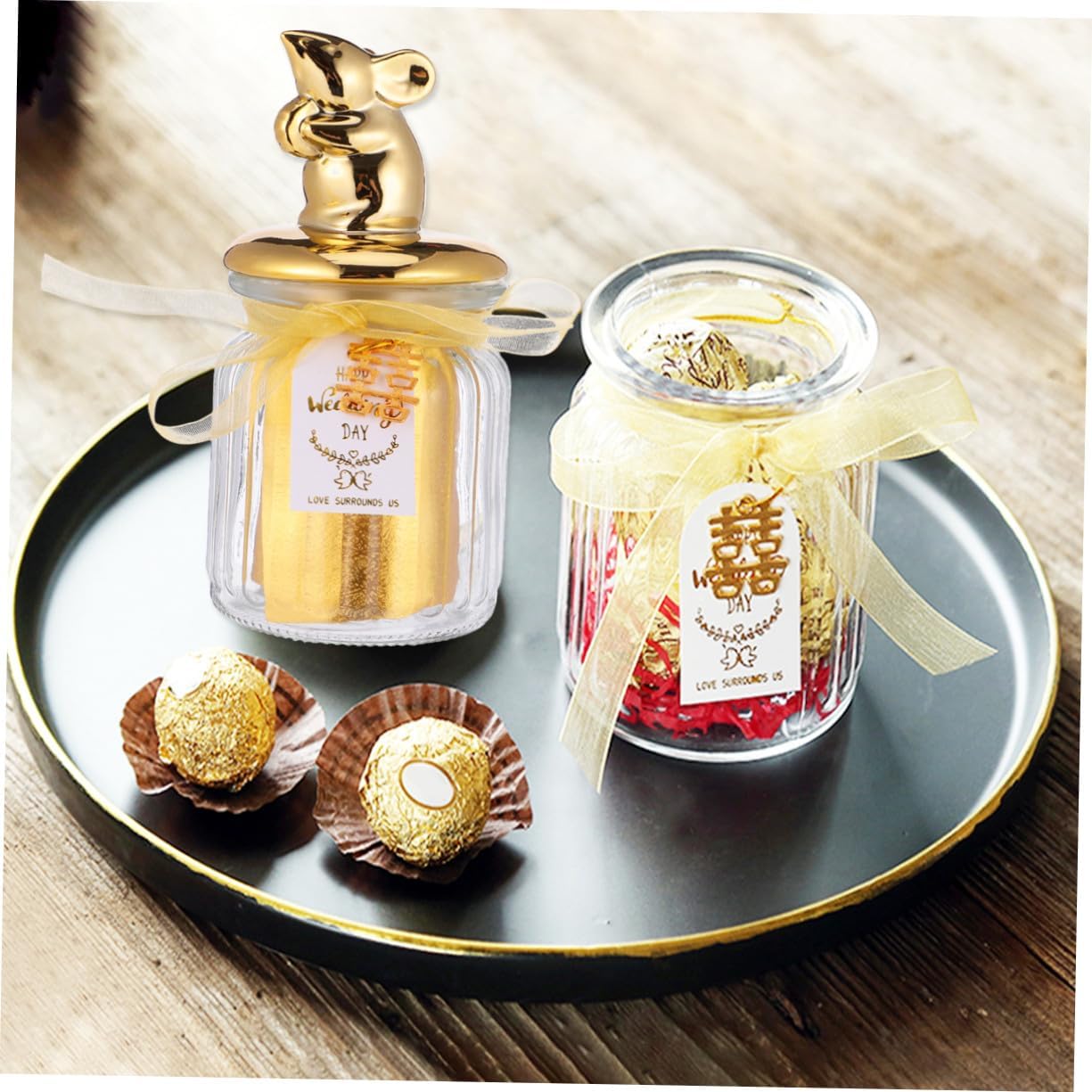 Glass Candy Jar with Ceramic Lid and Gold Trim, Sealed Storage Bottle for Holiday Party Favors and Wedding, Decorative Glass Candy Box for Event Keepsakes