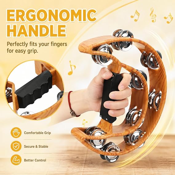Double Row Tambourine, Half Moon Handheld Tambourine, Metal Jingles Hand Held Percussion Drum with Ergonomic Handle Grip, Adult Musical Instrument for Church, KTV, Party