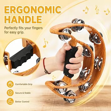 Double Row Tambourine, Half Moon Handheld Tambourine, Metal Jingles Hand Held Percussion Drum with Ergonomic Handle Grip, Adult Musical Instrument for Church, KTV, Party