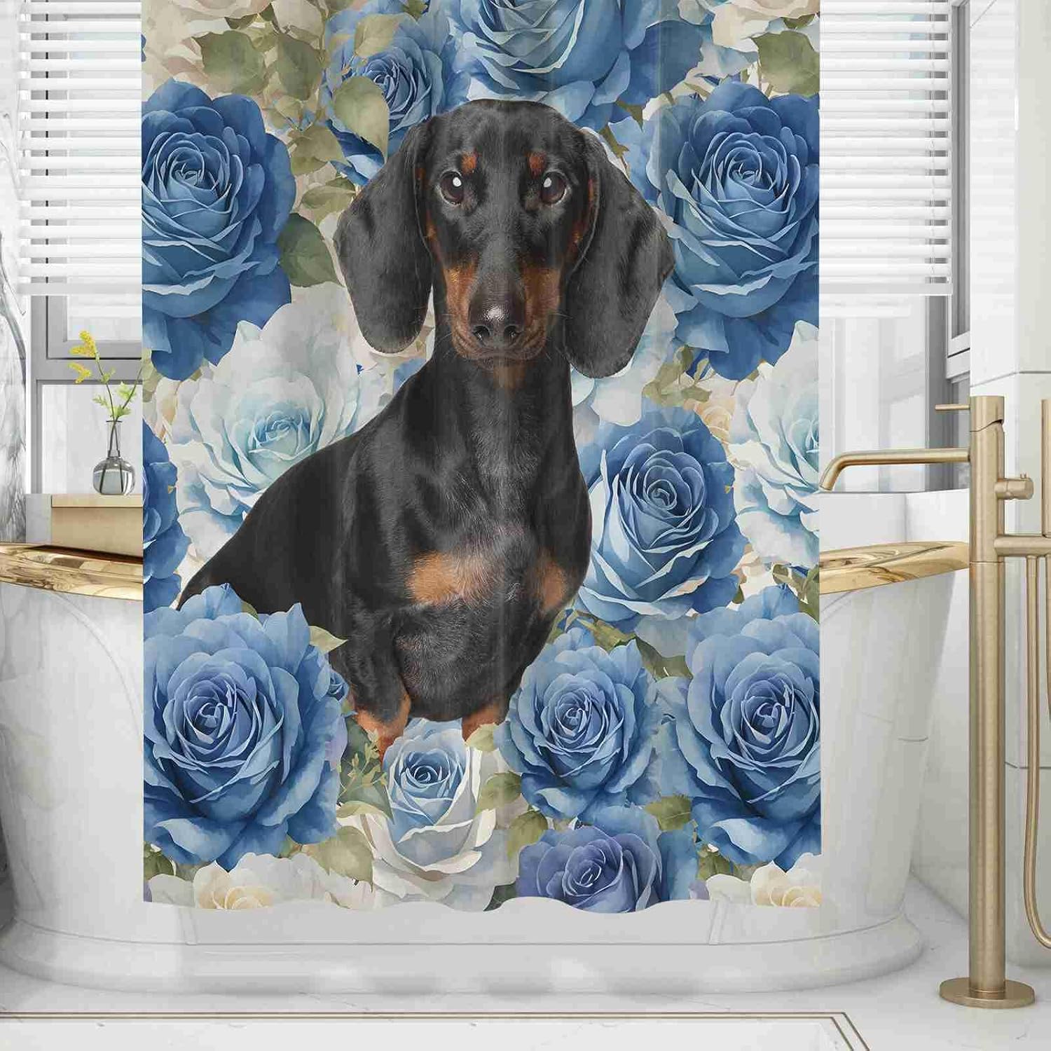 Goldendoodle Blue Rose Floral Shower Curtain Funny Dog Puppy Flowers Bath Curtain Bathroom Home Decor with 12 Hooks 72x80 Inch