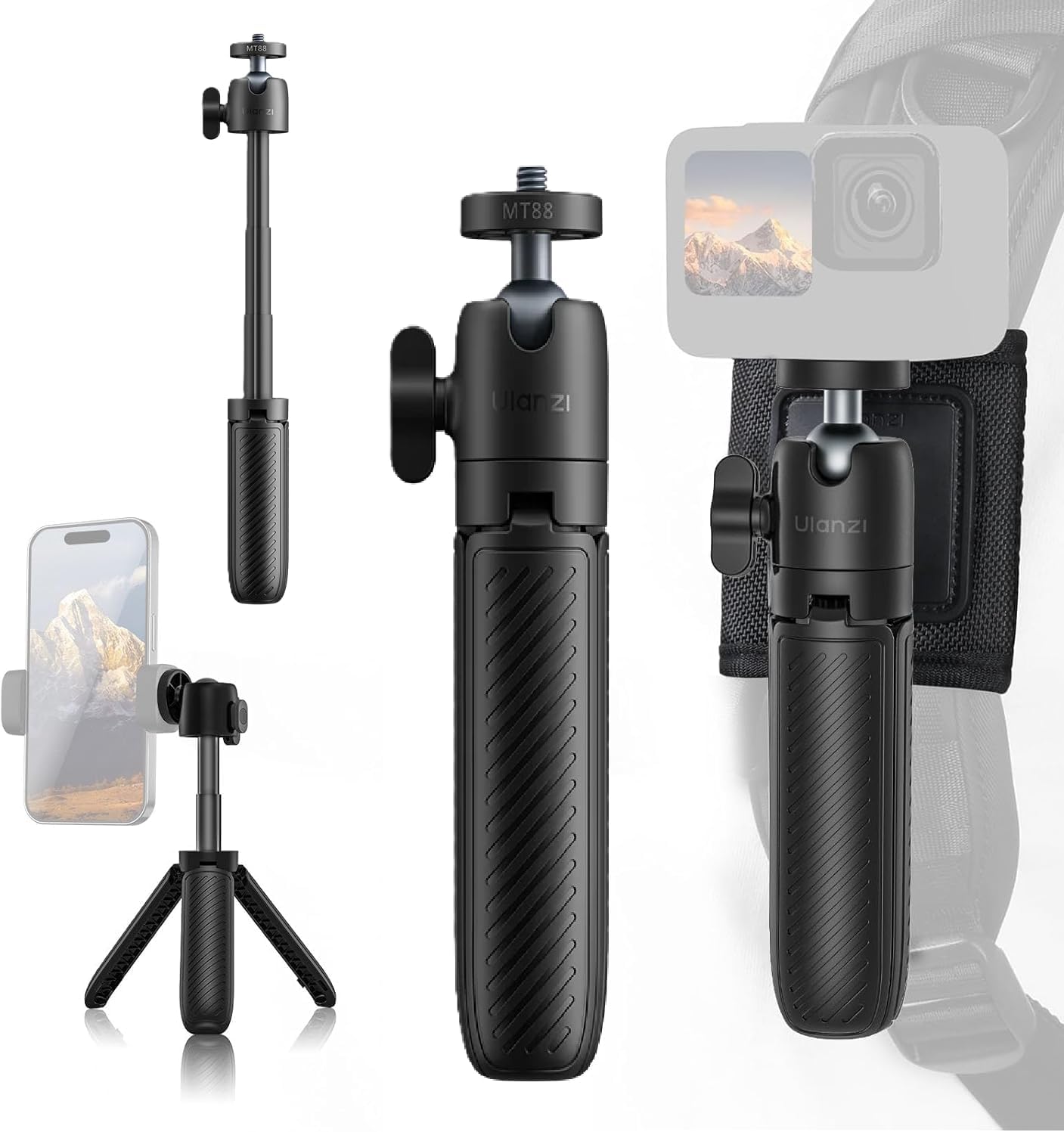 Ulanzi MT88 Mini Camera Tripod, 3-Stage Telescopic Selfie Stick Tabletop Tripod with Strap, 360 Degree Free Head Mount, 1/4 Screw, Portable for OsmoPocket, Insta360ace, GoPro, Sony, Canon, Nikon