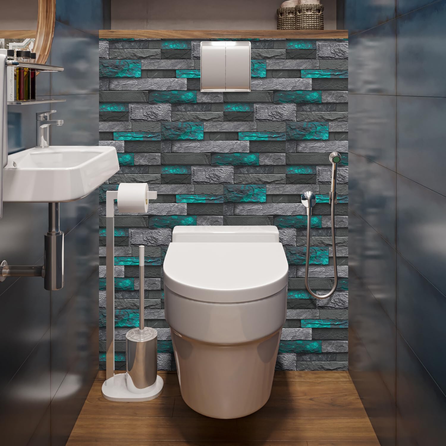 Alwayspon 12Pcs 30x15cm Peel&Stick Wall Sticker Vinly Wallpaper, Waterproof Backsplash for Kitchen Bathroom, Self-Adhesive Tile Transfers Decal Stick on Tiles with Green Stone Brick Effect