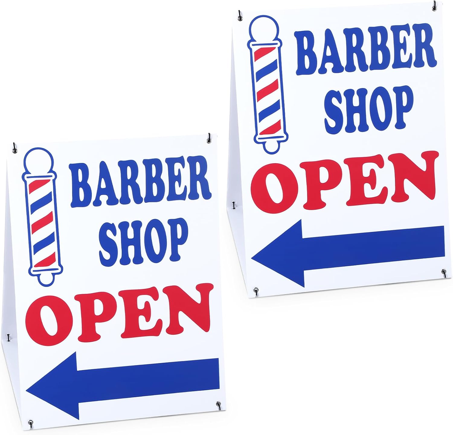 Colingmill 2 Pack Barber Shop Open Sign W/directional Left/right Arrows 2-sided 18x24" Red Blue White Plastic Barber Shop Sign Sandwich Board Kit Grommets