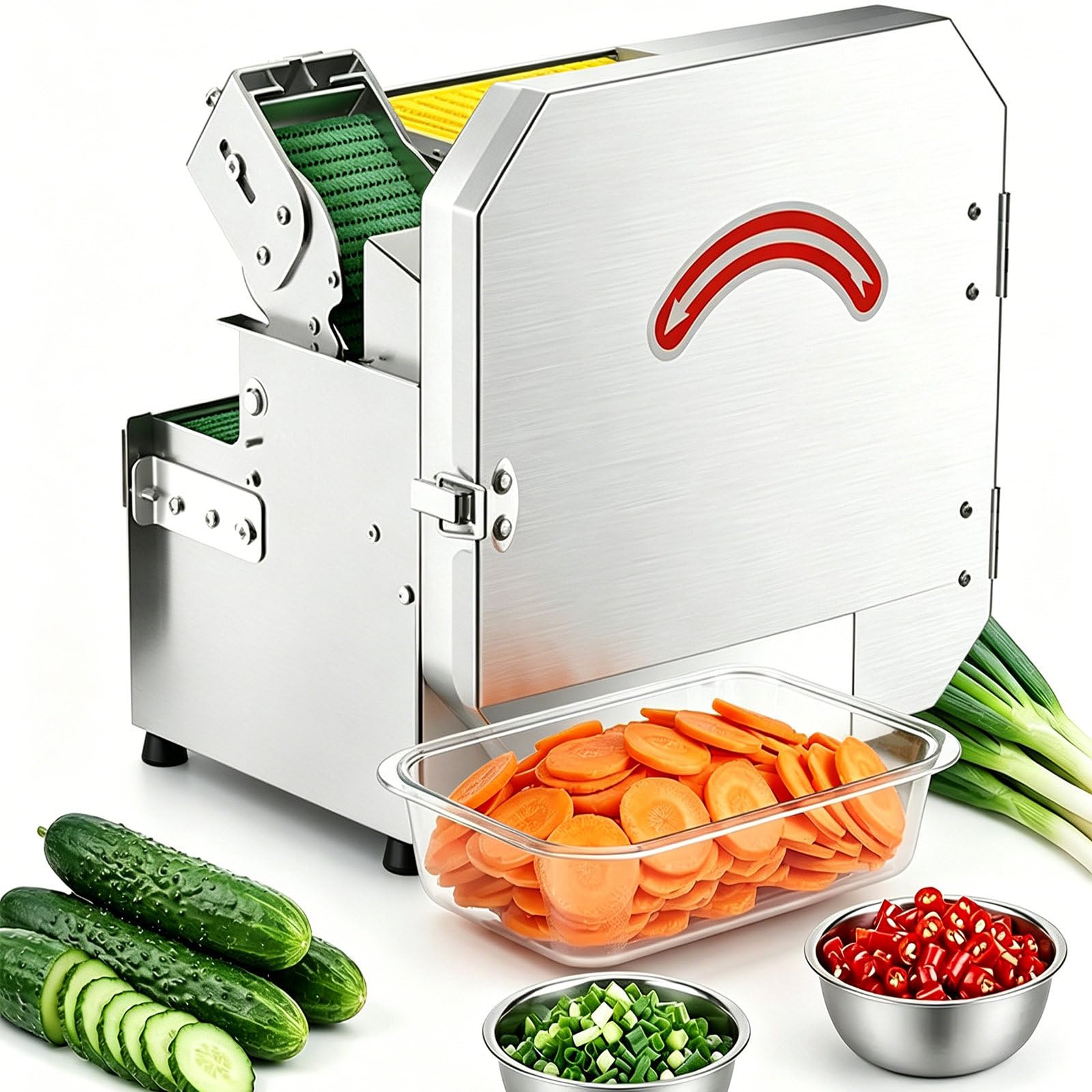 SOTIKARERY 200W Automatic Scallion Chopper Thickness Adjustable, Stainless Steel Electric Vegetable Slicer, 150kg/h Output, 70mm Feed Belt 700 RPM for Peppers,Potatoes,Mushrooms