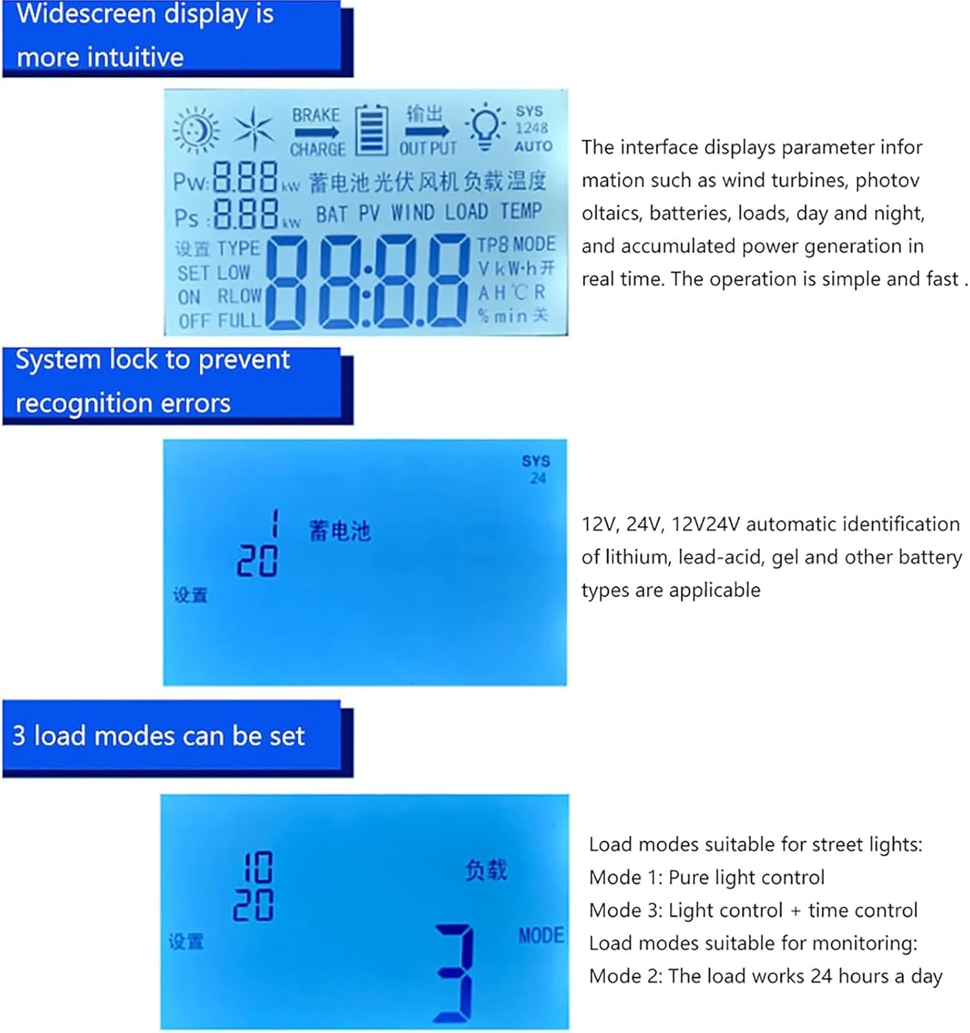 Renewable Energy Controller Universal Wind Solar Hybrid Charge Controller 12V/24V MPPT Boost Charge Regulator with LCD Display and Free Dump Load